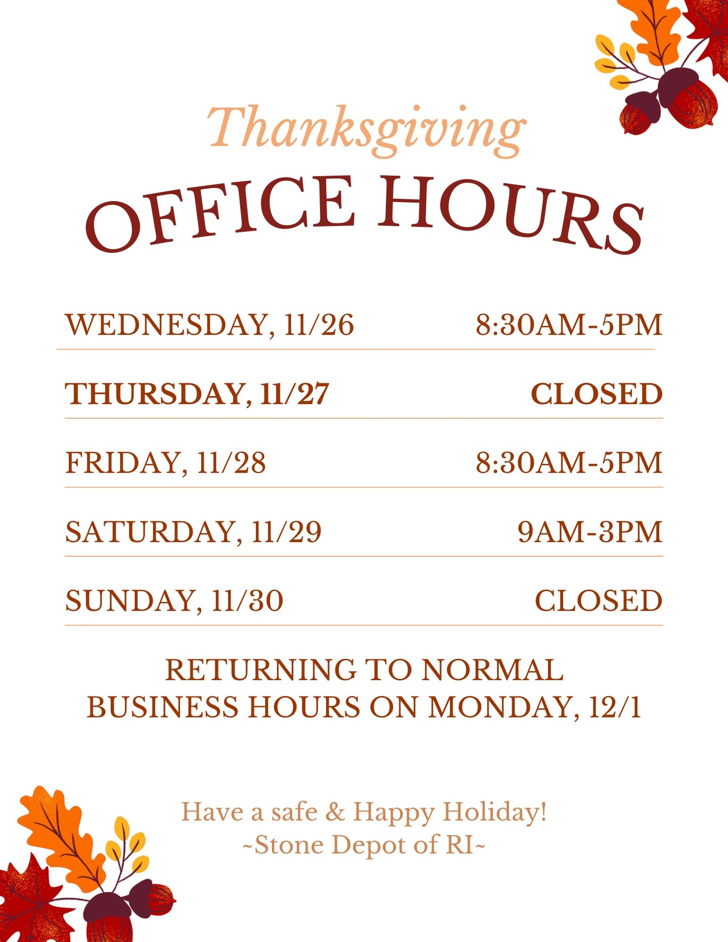 Happy Thanksgiving!🦃🍁
We're thankful for all of our clients, partners, and employees for your continued trust and support throughout the years. We hope you have a warm, safe, and joyful holiday surrounded by good food and company! 🤎
📍940 Wellington Ave, Cranston, RI 02910
☎️401-780-9639
🌐www.stonedepotofri.com
#thanksgivinghours #stonefabricator #countertops #kitchenandbath