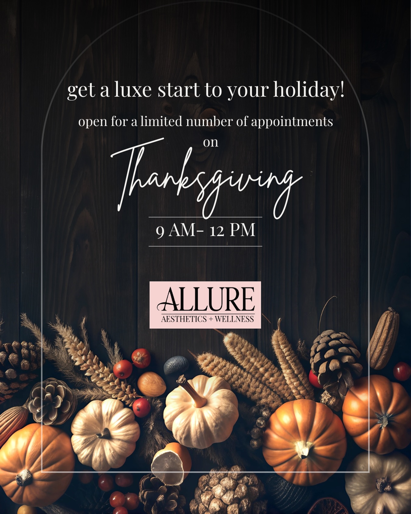 Yes you read that right!
Allure Aesthetics + Wellness will be open on Thanksgiving!
.
I will be open for a short time to help you feel your best before the turkey, photos and family chaos! Bring a friend (or two) and have a little self care!
.
Appointments are limited, you can book online or send me a DM to snag your spot!
.
š»www.allure-dbq.com
š 563-258-4698
š§ info@allure-dbq.com
.
Nicole Powers, ARNP, AGNP-BC
@nicolepowers_np
.
#dubuque #dubuqueiowa #dubuqueia #iowa #ivtherapy #ivinfusions #hangovercure #thanksgiving #familytime #selfcare #holidays #wellness #hydration #bestivtherapy