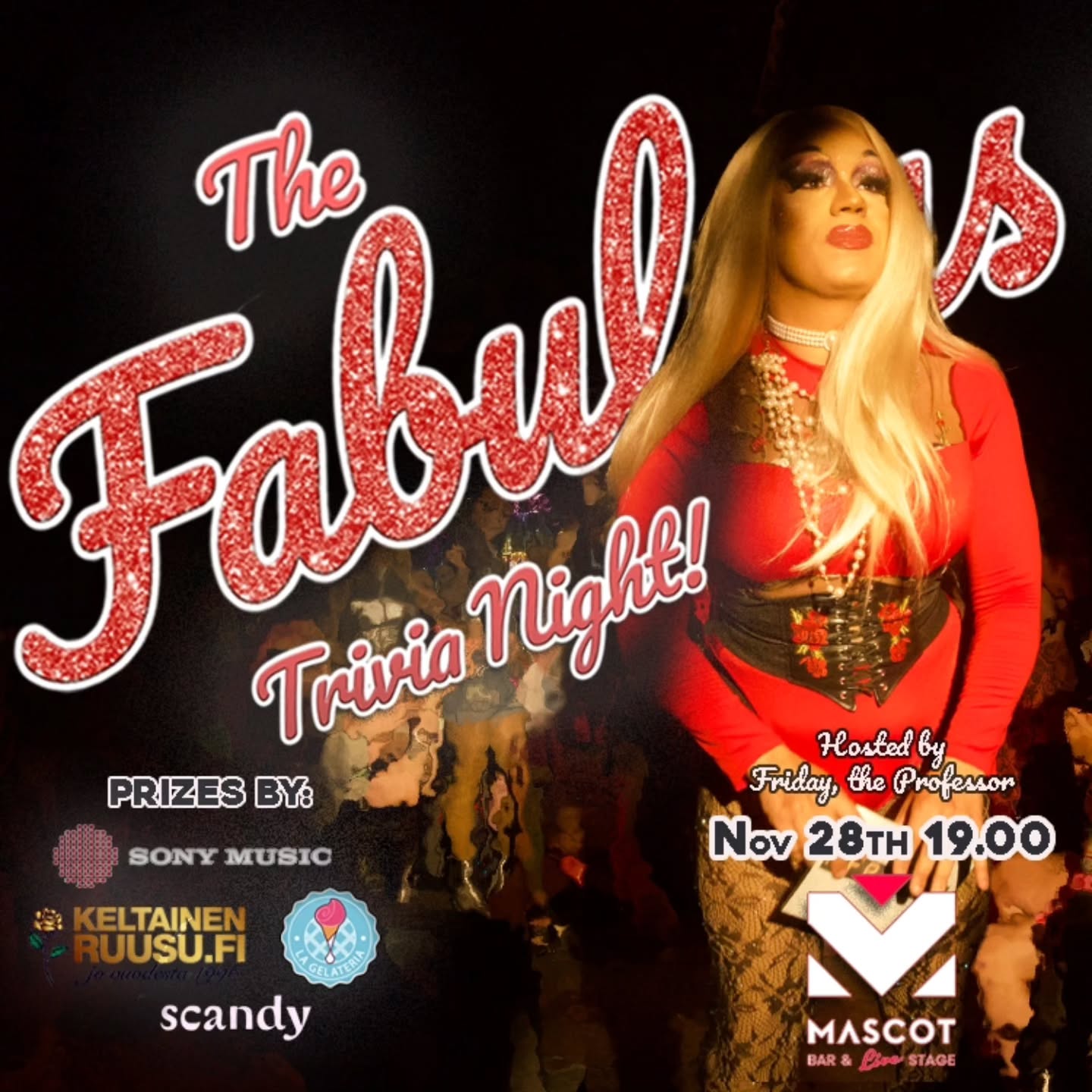 Nov 28th we have our LAST EDITION of The Fabulous Trivia Night, doing a recap of 2025 in music, films, pop culture, news, politics and more 🤗
Liquid Prizes + the prizes by @sonymusicfinland
@lagelateria.fi @keltainenruusuofficial and @scandybeauty ⭐
Table reservation is highly recommended via fridaytheprofessor.com
Bring your friends, and join the best trivia night in Helsinki