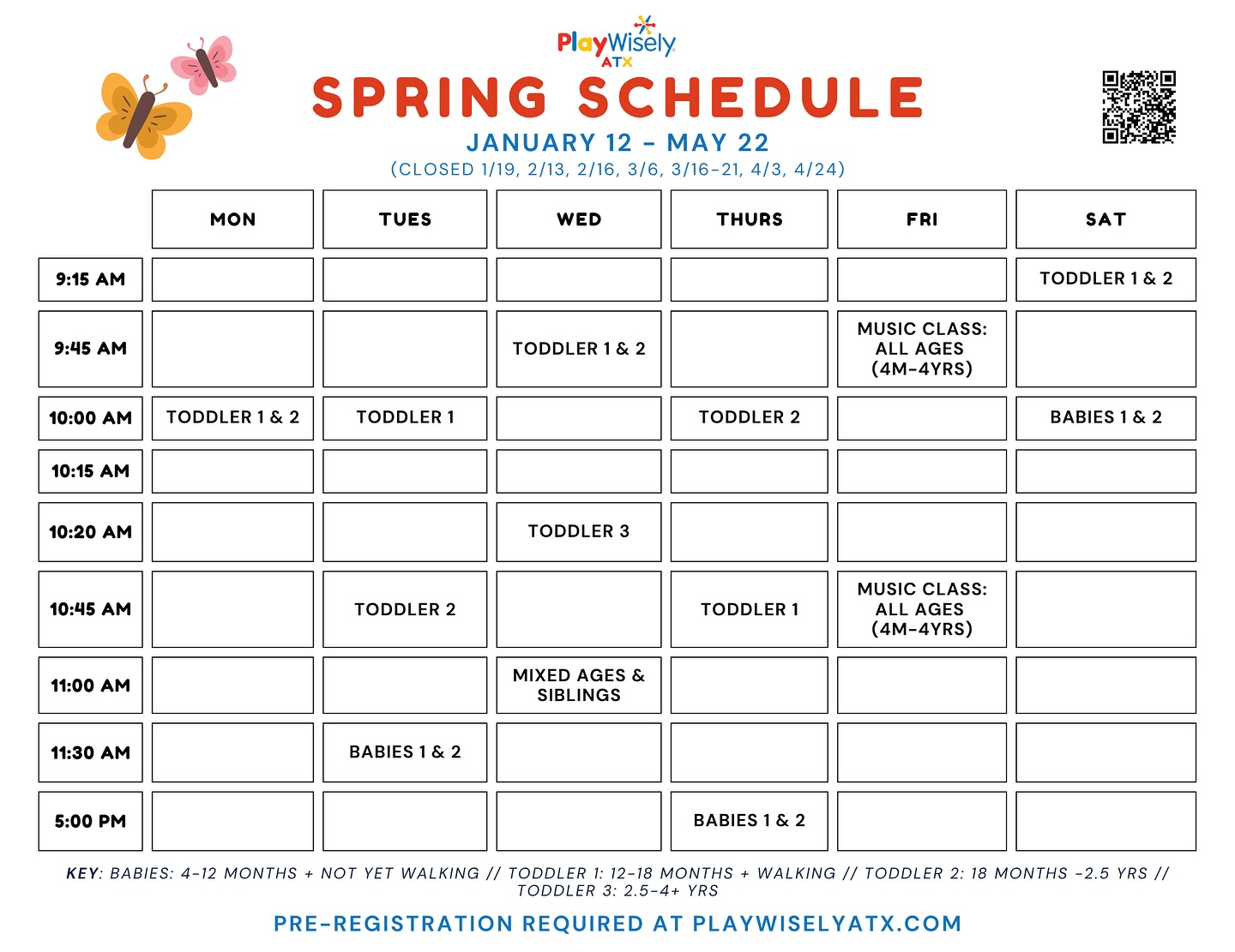 Spring schedule is live! 🌼 New Saturday classes + a new coach joining the fun. January – May, let’s play! Register now at PlayWiselyATX.com, link in bio.
EDIT: Mixed Ages will now be at 11:15am, not 11am!
#playwisely #playwiselyatx #mommyandme #toddlerdevelopment #babydevelopment #playbasedlearning #childdevelopment