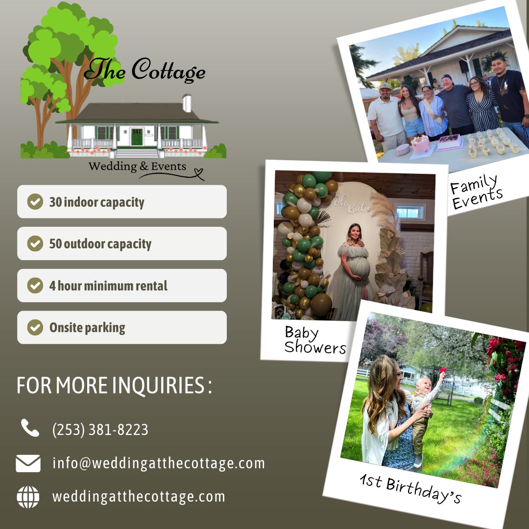 Looking for a venue to host your next event? We would love to show you The Cottage. Tours are by reservation only. Call (253) 381-8223.
#venue #venuerental #venuespace #VenueMagic #budgetvenue #wedding #birthdayvenue #birthdayvenue #birthdayvenues #tacoma #tacomawa #tacomalife #puyallup #puyallup #showervenue #firstbirthday #firstbirthdayparty #MicroWedding
#weddingrenewal #anniversary
http://rebrand.ly/dh2rqz8