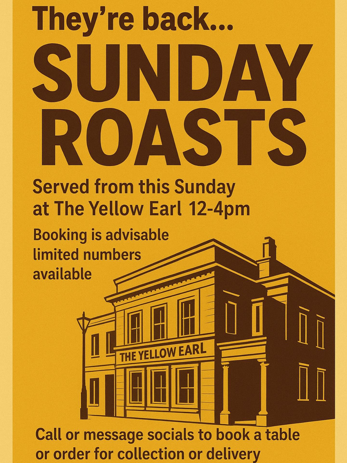 They’re back… 🍽️🔥
SUNDAY ROASTS
Returning this Sunday at The Yellow Earl
Served 12–4pm
Your favourite hearty, home-cooked roasts are back—perfectly prepared, piping hot, and packed with flavour.
But be quick… limited numbers available!
Booking is advisable
📞 Call now or message us on socials to book a table, or order for collection or delivery.
☎️ 01946 691450
Come enjoy the best way to spend a Sunday… at The Yellow Earl. 🍴✨