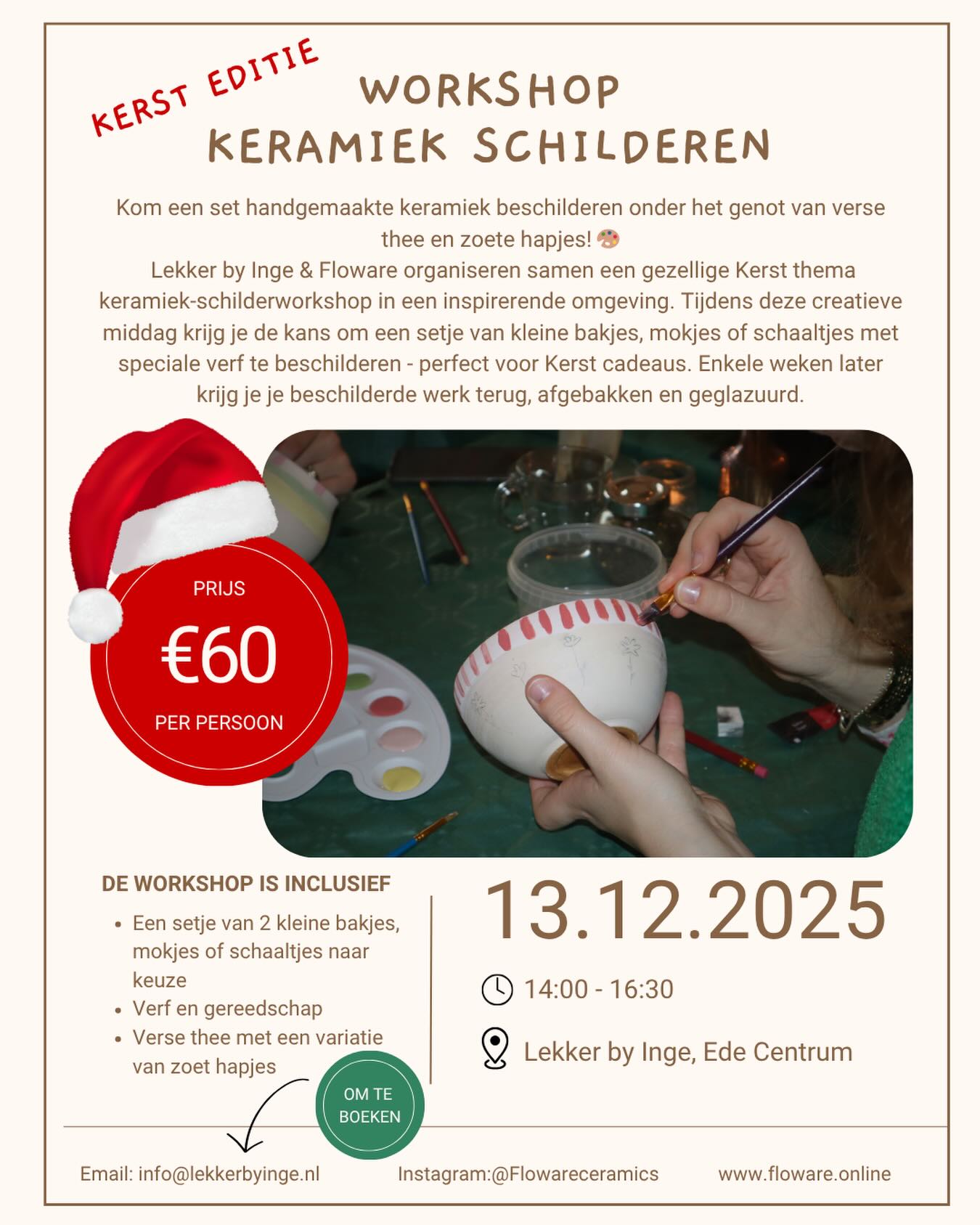 Keramiek schilder workshop 🎄Kerst Editie ⭐️
Op 13 December hebben we onze tweede workshop bij Lekker bij Inge in Ede Centrum. Wil je een uniek kerstcadeau voor je familie of vrienden dit jaar? Maak dan je eigen unieke cadeau in de vorm van zelf beschilderde keramiek.
De workshop is inclusief:
•2 kleine keramiek stukken (keuze uit mokjes, vaasjes of schaaltjes)
•heerlijke hapjes & thee
Kom jij meedoen aan deze creatieve evenementen? Geef je snel op bij @lekker_by_inge_ of @floware_ceramics.
‼️Beperkte plekken beschikbaar & reserveren essentieel.
#workshop #keramiek #kerstworkshop #ede