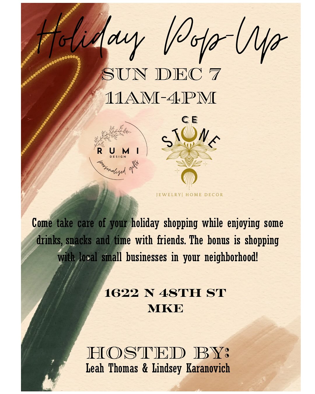 CE Stone Jewelry (Leah Thomas) and Rumi Gift Design (Lindsey Karanovich) have teamed up to host a collaborative event featuring a limited-edition line of gifts. Create your own gift box from tote bags, makeup bags, keychains and bracelets - all in addition to their own collections!
Come take care of your holiday shopping while enjoying some drinks, snacks and time with friends. The bonus is shopping with local small businesses in your neighborhood!