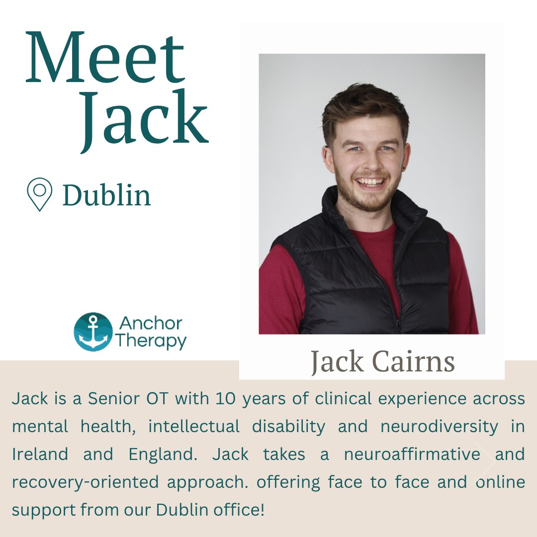 Welcome Jack, our new Senior OT offering face to face and online support from our Dublin office!
Jack supports people to identify what matters most to them whether it’s work, study, daily routines, connection with others, or feeling more regulated and confident. Jack uses a neuroaffirmative, recovery-oriented approach, helping our teenagers and adults to understand their strengths, honour their needs, and build strategies that genuinely fit who they are.
#occupationaltherapist #adhd #teenagers #adults #neurodiversity #anchortherapydublin