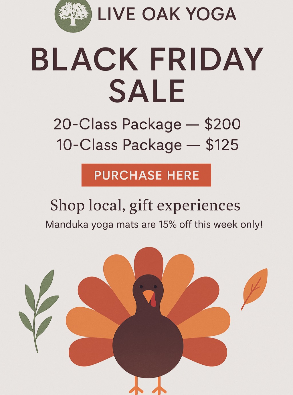 Hi Live Oak friends,
Black Friday has arrived early at Live Oak Yoga, and we’re so excited to share some incredible deals to support your practice—and your holiday gifting!
✨ Black Friday Class Package Specials
20-Class Package — $200
10-Class Package — $125
Our class packages never expire, you can buy as many as you like, and they make wonderful, meaningful gifts—especially since packages can be transferred to anyone.
If you prefer a more flexible option, consider gifting a Live Oak Yoga gift card—a gift of grounding, movement, and peace.🛍 Black Friday Deals Run Through New Year
Take your time, shop mindfully, and let Live Oak Yoga be part of your holiday season. Whether for yourself or someone you love, these deals are available from now through January 1st.
🎁 Shop Local, Gift Experiences
This year, skip the stress and the clutter. Support small business and choose nourishing experiences for the people you love.
And for those who appreciate great gear: Manduka yoga mats are 15% off this week only!
🙌 Welcome Our New Teachers
We’re thrilled to welcome four wonderful new faces to our teaching staff: Mandolin, Erica, Reichi, and Lexi.
Be sure to say hello when you see them in the studio!
🗓 New Class Time
We’ve added a new opportunity to practice:
Saturday at noon — perfect for weekend reset and extra movement during the week.
🦃 Thanksgiving Week Schedule
Closed on Thanksgiving Day so our teachers can enjoy time with their families.
Friday: Noon class
Saturday: 10am & Noon classes
Sunday: 10am class
Wishing you a warm, restful, joy-filled holiday with the people who bring you peace.
I hope to see you on the mat soon.
With gratitude,
Rebecca
Live Oak Yoga #liveoakyoganola #nolayoga #yogaeveryday #nolayogacommunity #blackfridaysales #shoplocal #shopexperiences #supportlocal #mandukamat