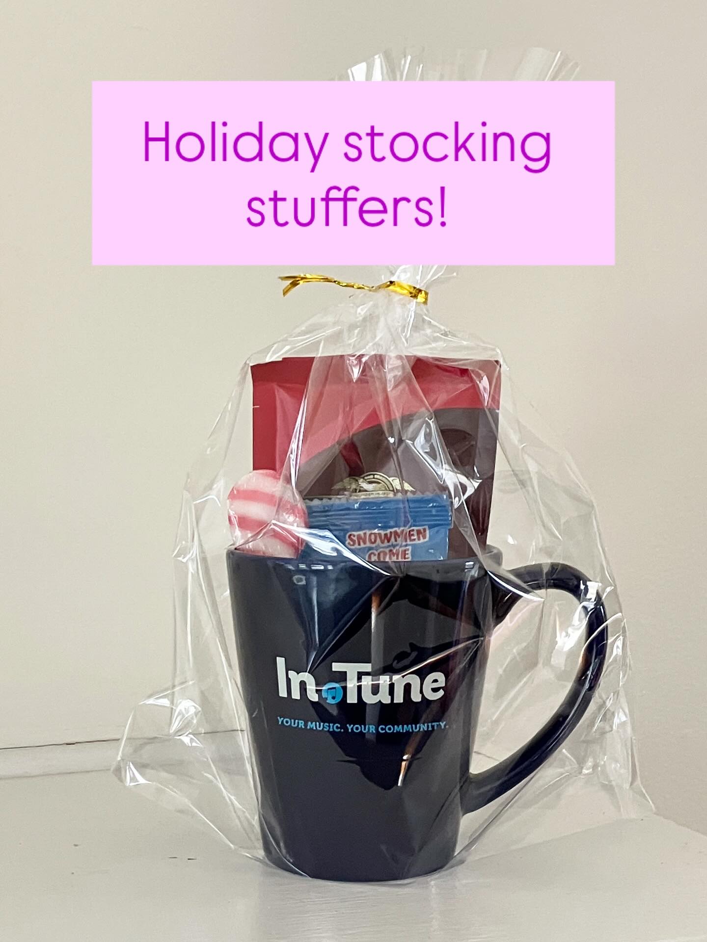 Our stocking stuffer this year includes an In Tune mug, hot chocolate, fluffy marshmallows, and a candy cane spoon to stir it all together. Check it out at the school! #somanj #mapso #maplewoodvillagenj #millburnnj