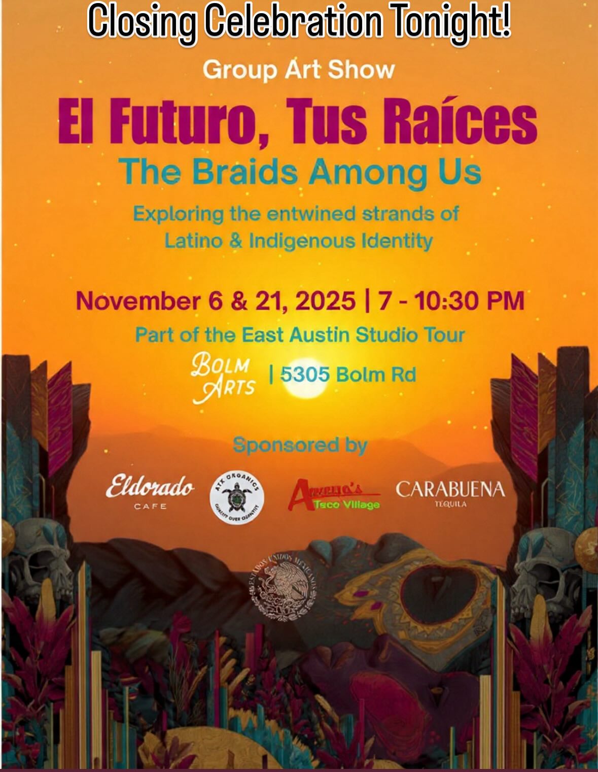CLOSING NIGHT CELEBRATION
Friday Nov 21 | 7:00 PM – 10:30 PM
Curandera Blessing by Bri Hermosillo — Death Doula, Medium & Curandera @ojopantera
Live music by @el_guambito and @pes_musica
Beverages and snacks provided thanks to our sponsors!