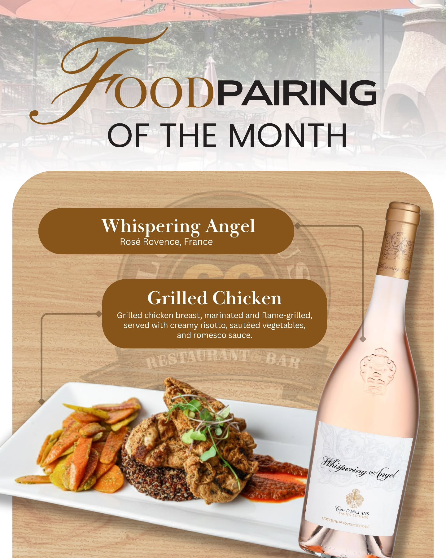 ✨ Food Pairing of the Month ✨
This month, we're celebrating the delightful duo of our perfectly flame-grilled chicken, served with creamy risotto and sautéed vegetables, paired with the bright and elegant Whispering Angel Rosé from Provence, France. A truly irresistible and refreshing combination! 🍷🍗
#Clubhouse66 #GlendoraEats #FoodPairing #GrilledChicken #WhisperingAngel Rosé GlendoraNights