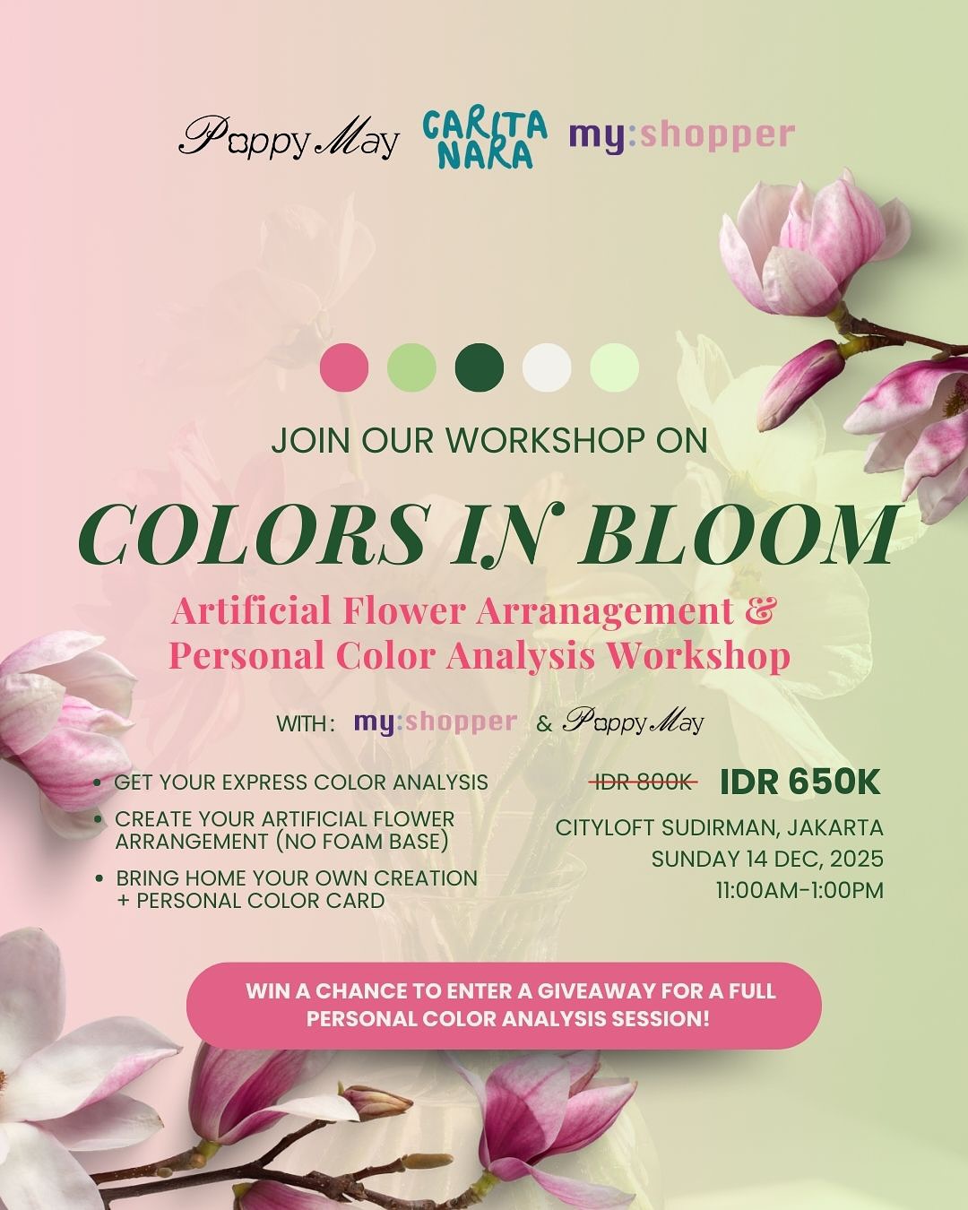 Join us for COLORS IN BLOOM — a creative escape that blends personal color discovery and artificial flower arrangement into one soul-soothing experience.
In this workshop, you’ll uncover your personal color palette through an Express Color Analysis led by @myshopper_color_id , then bring it to life through an artificial flower arrangement session guided @_____poppymay .
No rules, no limits — just you, your vision, and endless colors to play with.
Each bloom you create reflects more than beauty. It’s your story in full color — a gentle reminder to pause, reflect, and reconnect with your inner self.
What you’ll experience:
• Discover your unique color palette through an Express Color Analysis
• Create your own floral art in an all-you-can-pick artificial flower arrangement session
• Express your mood, story, or vision through your personal bloom design
Date: Saturday, 14 December 2025
Location: Cityloft Sudirman, Jakarta
Special Price: IDR 650K (from IDR 800K)
Bonus: Join a giveaway for a Full Personal Color Analysis Session.
Take a mindful break, play with colors, and reconnect with your inner self — one flower at a time.
DM us or click the link in bio to register.
#ColorsInBloom #CaritaNara #PoppyMay #MyShopper #PopBloom #JakartaWorkshop #FlowerArrangement #ArtificialFlowerArt #ColorAnalysis #PersonalColorAnalysis #JakartaEvents #CreativeWorkshop #WellnessEvent #MindfulLiving #SelfDiscovery #WeekendInJakarta #JakartaLifestyle
