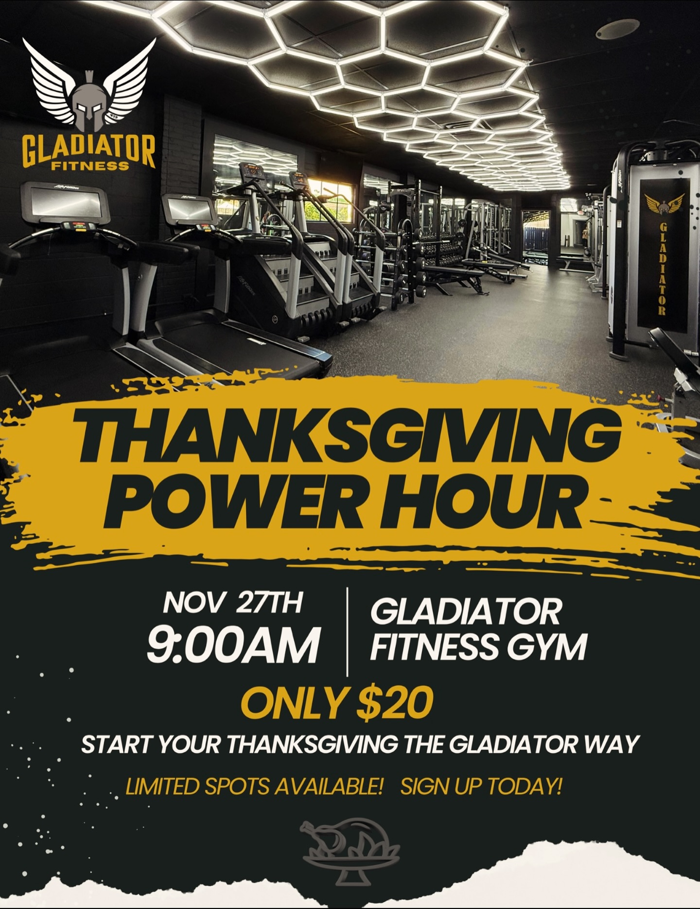 Thanksgiving Power Hour 🦃🔥
Jump-start your holiday with a full-body HIIT-style class designed to boost your metabolism, build strength, and set the tone for the rest of your day.
All fitness levels welcome —
Only 20 Spots Available! Sign up at Gladiator Fitness or DM us to claim your spot! 💪🏻
📅 Thanksgiving Day 🦃
⏰ 9:00 AM
📍 Gladiator Fitness
Start strong. Stay strong all day.
•
•
#ThanksgivingWorkout #ThanksgivingMorning #TurkeyDayWorkout #PowerHour #HIITWorkout #HolidayHIIT #GladiatorFitness #GladiatorFitnessNPT #NorthportNY #LongIslandFitness #FitnessCommunity #MorningWorkout #StrengthAndConditioning