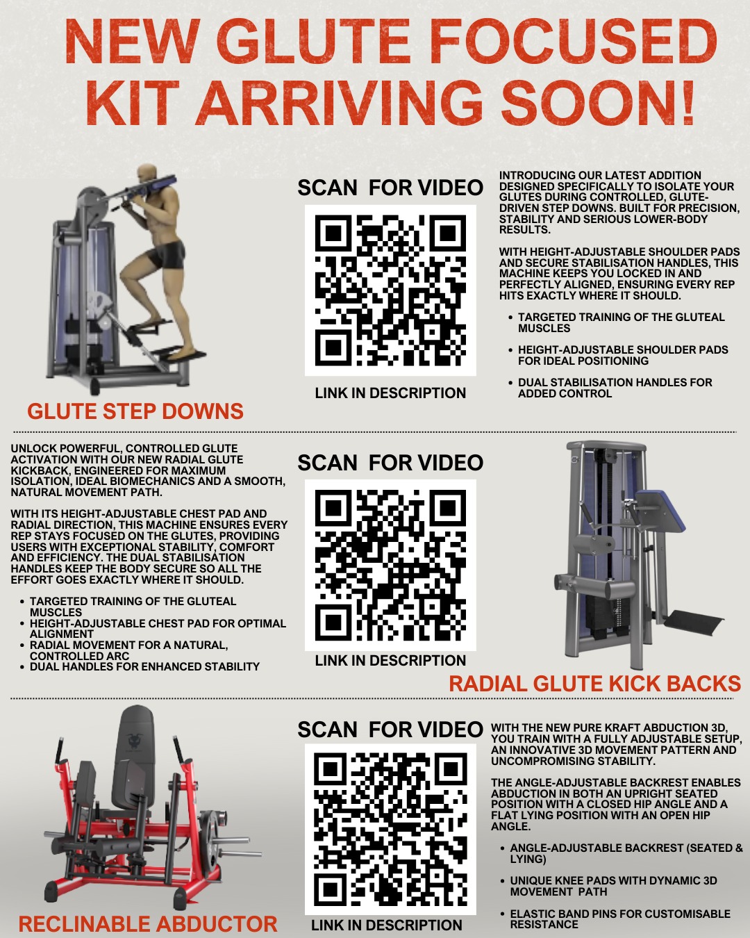 Not long left! Just a reminder of the glute focused kit on it's way to us here at Blaze Gym!
Links to demo videos are below, just copy and paste them to view what's on its way:
Glute Step Downs: https://youtube.com/watch?v=VSINjSj_Lq8&si=0tHI55zanxrDBNRY
Radial Glute Kick Backs: https://youtube.com/watch?v=F-c0m3mSNV4&si=BwfRB_w8cxQdlEKV
Reclinable 3D Abductor: https://youtube.com/shorts/RY78brGUNLE?si=L56BLQh9G3vbBo6D