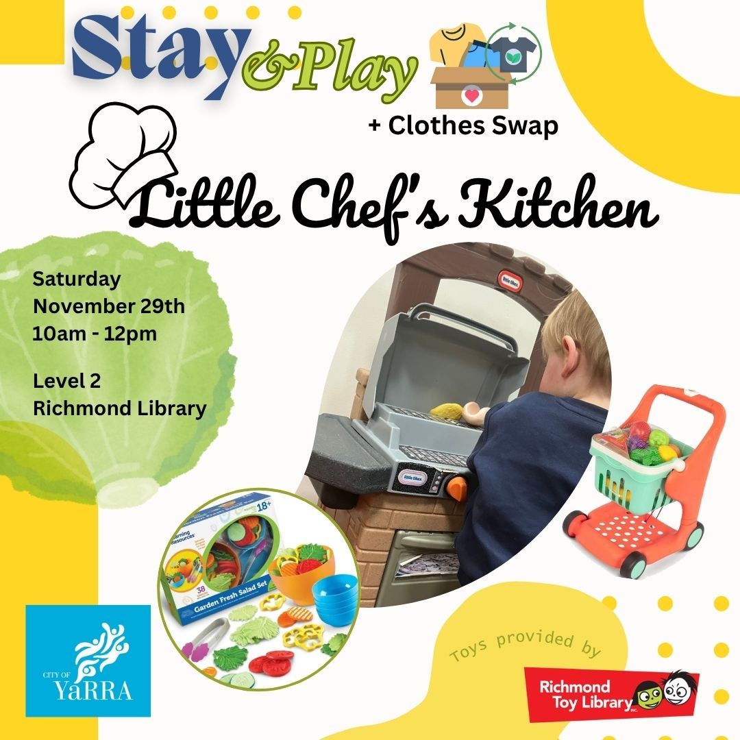 🍳 Stay & Play – Little Chef’s Kitchen
📅 Saturday 29 November | 10am–12pm
📍 Richmond Library – Level 2 Meeting Room
Join us for our last Stay & Play of the year!
This month we’re stepping into our Little Chef’s Kitchen with playful, hands-on cooking-themed activities perfect for children under 5.
@MumsInYarra will also be running a Baby & Toddler Clothes Swap at the same time at @yarralibraries — a great way to refresh your little one’s wardrobe sustainably. 👕♻️
✨ Free entry — donations welcome
Everyone’s welcome to come, play, swap, and connect!
#RichmondToyLibrary #StayAndPlay #LittleChefsKitchen #PlayMatters #CommunityPlay #Under5Activities #KidsOfYarra #RichmondMums #YarraFamilies #ClothesSwap #MumsInYarra #LearningThroughPlay