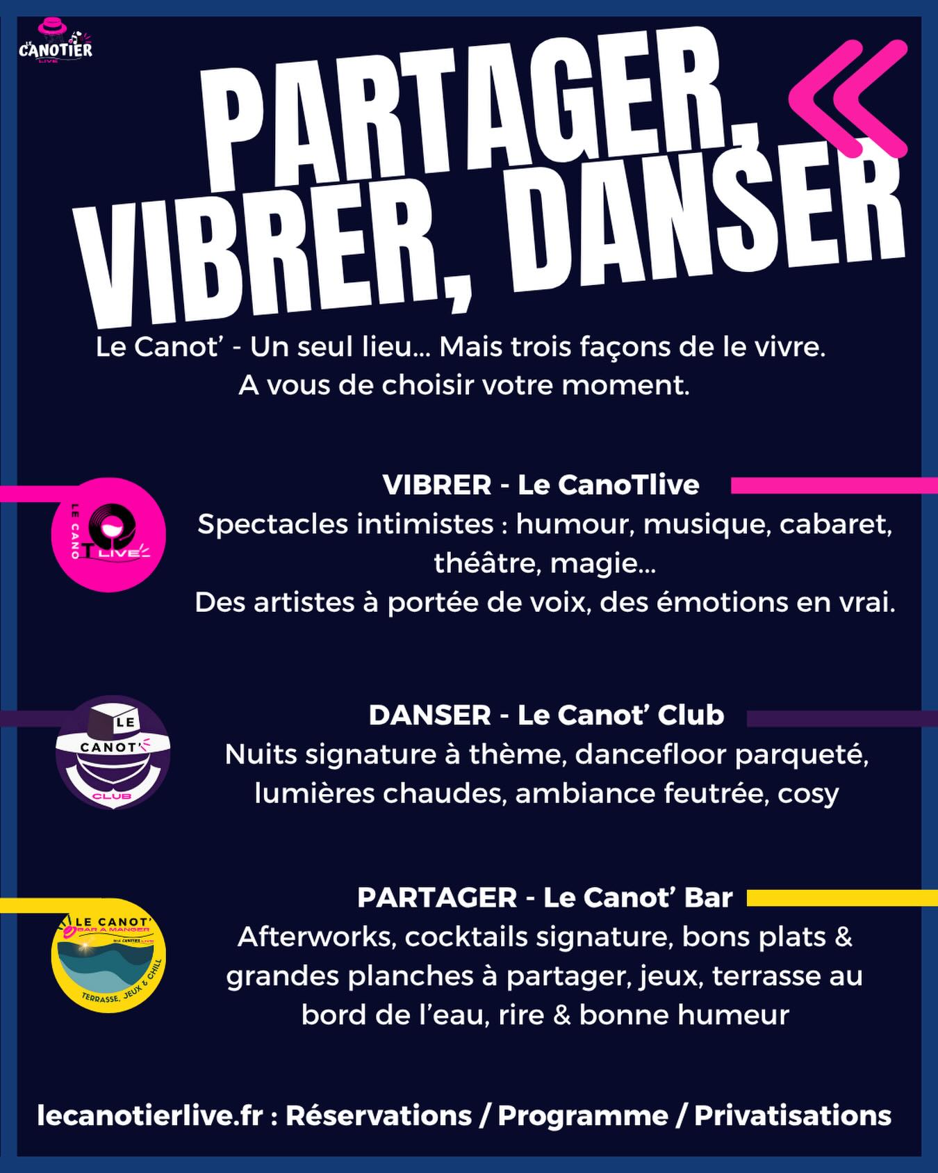 LE CANOT’ — C’EST QUOI ?
Tu veux sortir pour de vrai ?
Ici, on ne vient pas juste boire un verre.
👉 On vient partager un moment.
👉 On vient vibrer devant un spectacle.
👉 On vient danser comme on aime, sans se marcher dessus.
CONCRÈTEMENT, AU CANOT’ ON FAIT QUOI ?
🍸 Boire des cocktails qui ont du goût, pas des jus tièdes.
🍽️ Manger pour de vrai, pas des chips toutes molles.
🎭 Voir des artistes à 2 mètres, pas au fond d’un Zénith.
💃 Danser sans se faire écraser, avec des soirées qui ont un style.
🎲 Jouer, rire, rencontrer des gens, pas scroller sur son téléphone.
🎉 Fêter, privatiser, célébrer, sans se ruiner.
UN SEUL LIEU. 3 MANIÈRES DE LE VIVRE.
🍸 Canot’ Bar — Afterwork & cocktails & jeux
🎭 Canot’ Live — Spectacles et émotions de près
💃 Canot’ Club — Danser autrement jusqu’à tard
📍 Aurillac
📲 Réserver & programme : lecanotierlive.fr
Le Canot’. Pas juste sortir. Vivre.
Tu viens quand ?