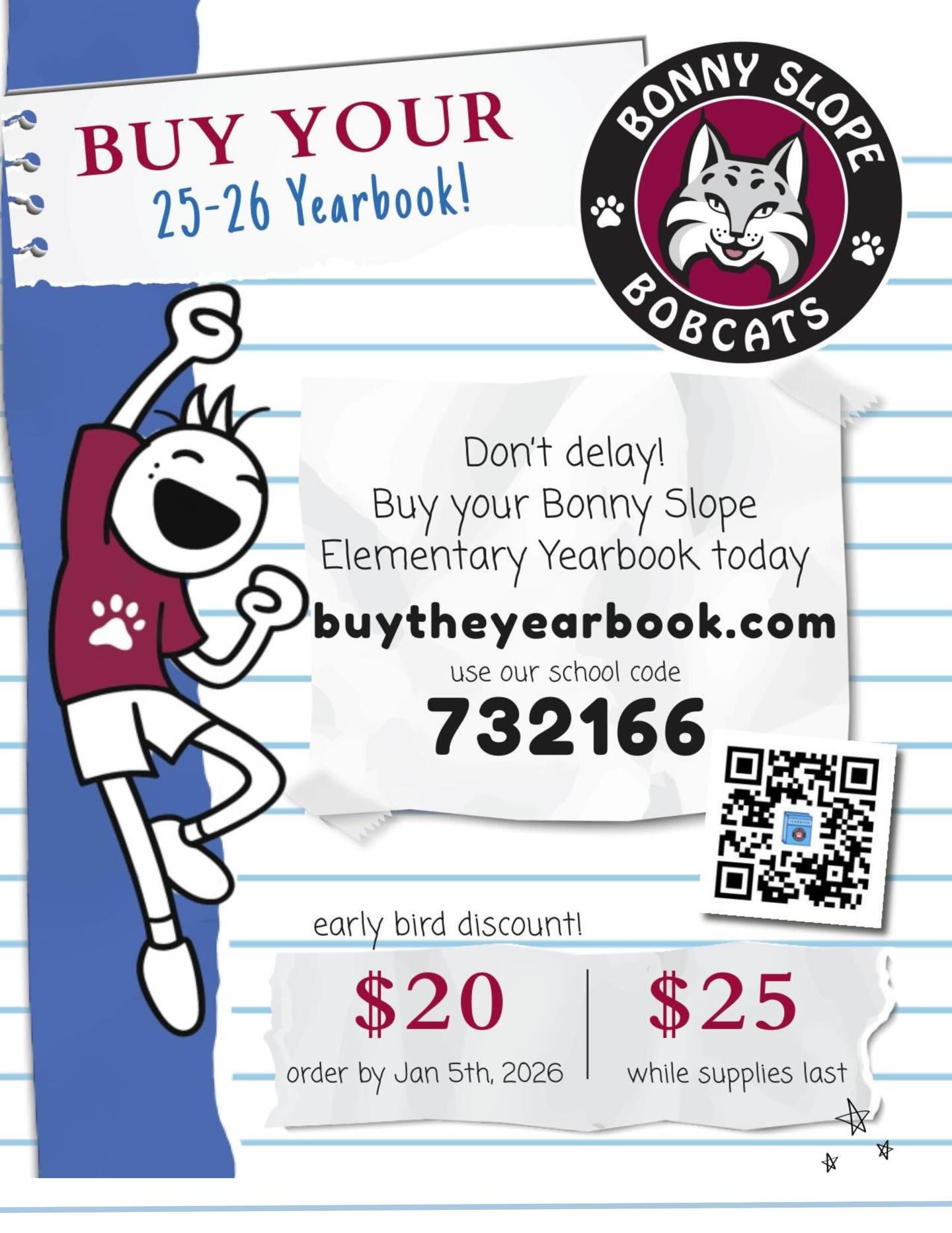 Our Early Bird Yearbook Sale begins this Friday! 🎉
Check your child’s Friday Folder for the flyer and order form.
Yearbooks are $20 through January 5th 2026 so secure yours early!
More info on our Yearbook Website (link in bio). 💛
#BonnyslopeYearbook #YearbookSale #EarlyBirdSpecial #ElementaryMemories #OrderYourYearbook