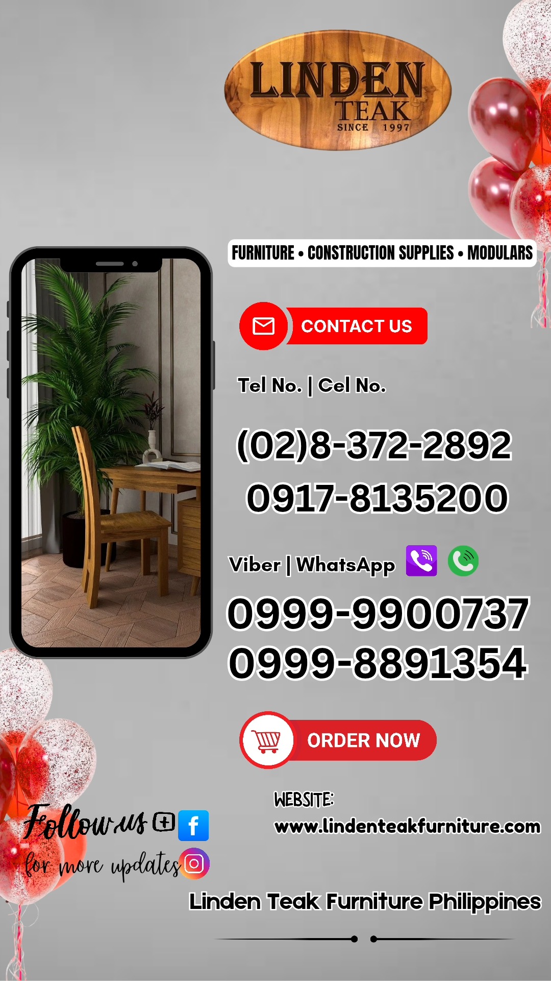 🎉 Celebrating Our 28th Anniversary!
This month only, enjoy up to 80%OFF on select items—our biggest savings of the year! Plus, get 0% interest for up to 12 months on selected purchases.
🪑 We also offer free design consultations and 3D drawings for customized furniture, along with free delivery in select areas.
📍 Visit our stores to explore over 500 actual ITEMS on display, or browse online at www.lindenteakfurniture.com.