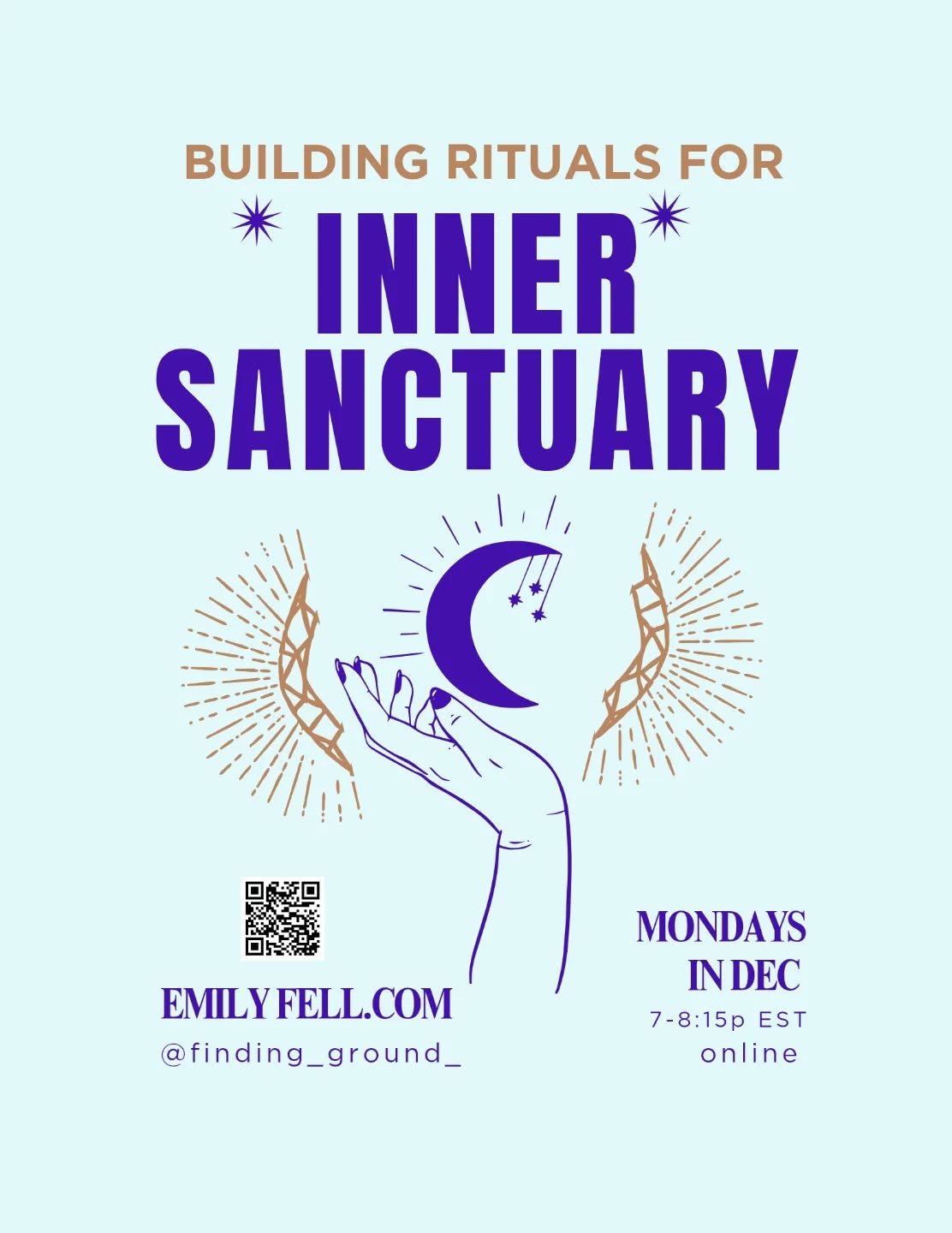 ✨ Workshop Series: Building Rituals for Inner Sanctuary
4 Mondays in December; 12/1. 12/8. 12/15. Online.
Each session will include gentle, mindful movement and opportunities for writing. A ritual tool will be introduced and experimented with each week:
Week 1. Dec 1. Creating Your Sacred Setting.
Week 2. Dec 8. Manifesting Through Affirmation Artwork
Week 3. Dec 15. Coregulating With Nature.
Week 4. Dec 22. Coregulating with Dance.
🌙 More info on my website, link in bio 🌝