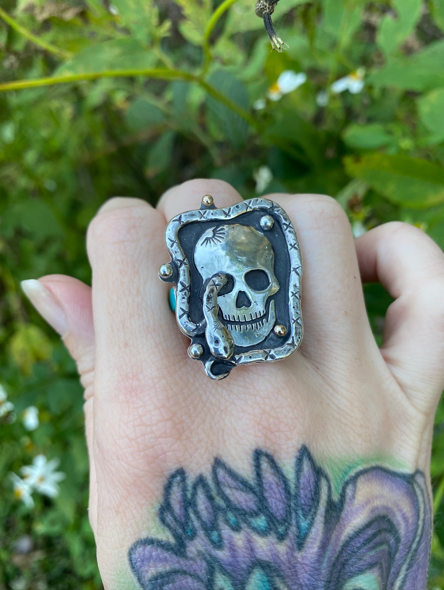 Custom ring request from a lovely repeat customer. Handcrafted with sterling silver & bronze accent balls + lone mountain turquoise mini’s on the ring band. Hand sawed & hand stamped skull and snake. 💀🐍 NFS!