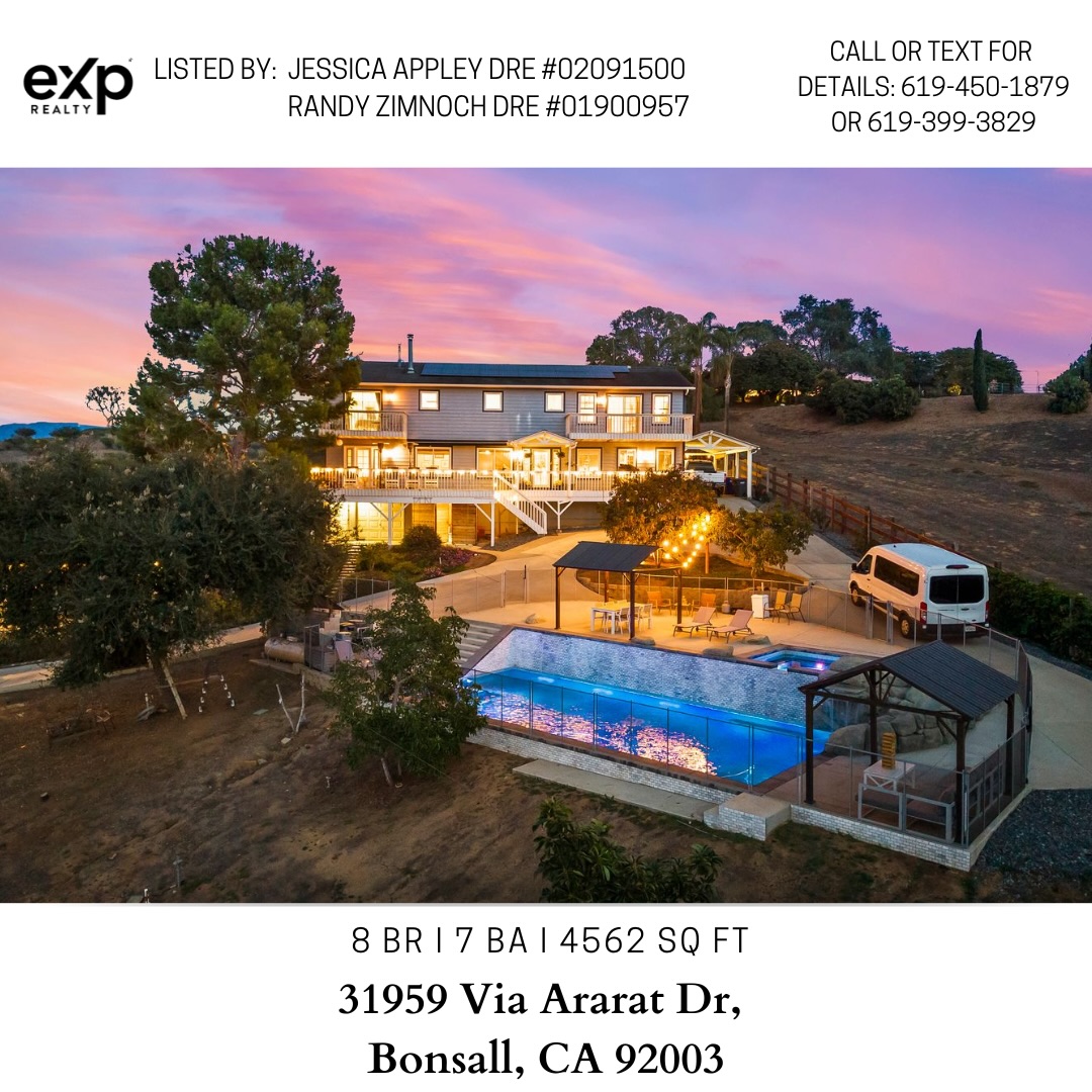 This incredible 2.35-acre hilltop estate in Bonsall offers three separate homes—a spacious 3,465 sq ft main residence with its own private apartment, plus a charming 1,100 sq ft guest house—making it perfect for multigenerational living, guests, or income potential. The property showcases panoramic views, new HVAC for all residences, owned solar, a detached 3-car garage with office, and a resort-style pool with waterslide, grotto, LED lighting, and an outdoor bath. Equestrian lovers will appreciate the classic red barn with oversized stalls, hay and tack rooms, and a full riding arena. With a chicken coop, fruit and avocado trees, raised garden beds, and a fully fenced, gated entrance, this retreat blends country charm with coastal breezes—just 30 minutes from the beaches of Oceanside.
Contact Jessica Appley at 619-450-1879 or Randy Zimnoch at 619-399-3829 with any questions.
Reach out to us if you need a great team to guide you with buying or selling your home.
#exprealty #exprealtyproud #ONEexp #eXpsuccess