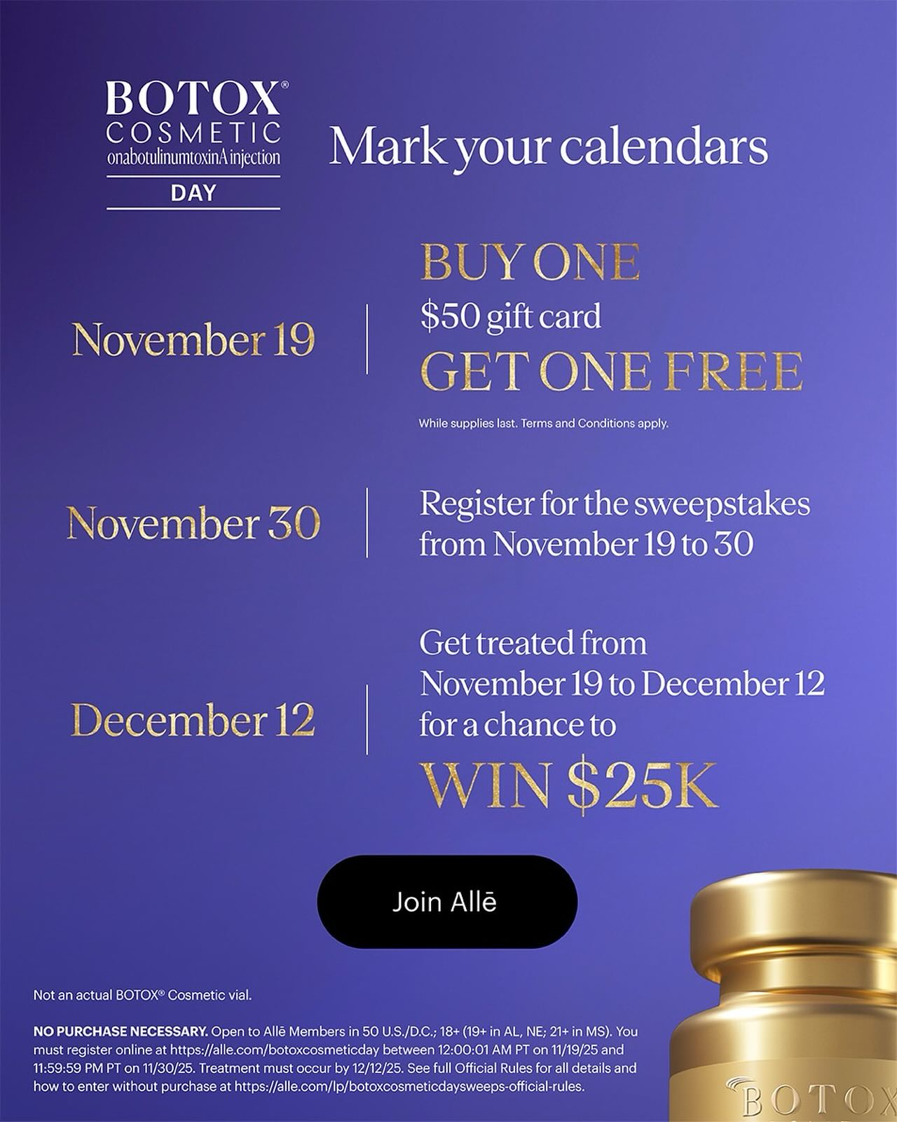 ✨Botox week is THIS week!✨
⭐️Mark your calendars for November 19th to get a BOGO $50 gift card!
💫Don’t forget to come in for SpaLaLa December 1-5 for $11/unit of Botox and $100 off a full syringe of Juvederm!