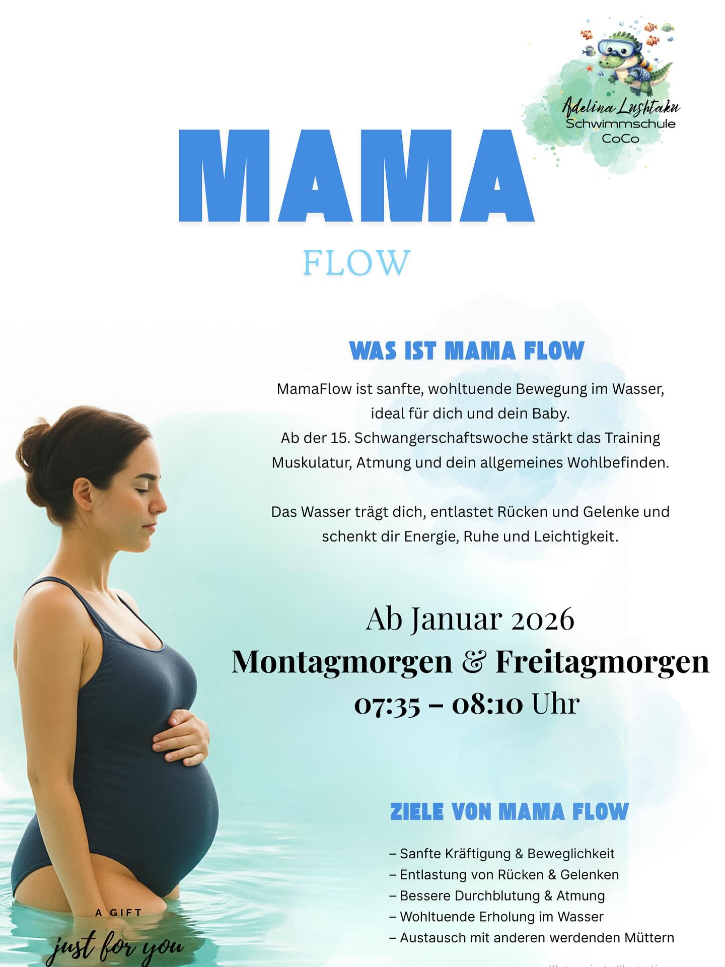 🌸 MamaFlow – Sanfte Bewegung für dich & dein Baby 🤰💦
Neu ab Januar 2026: MamaFlow in Kriens!
Sanfte, wohltuende Bewegung im Wasser, speziell für werdende Mamas.
Warum MamaFlow?
💗 Entlastet Rücken & Gelenke
💗 Löst Verspannungen
💗 Verbessert Atmung & Durchblutung
💗 Tut dir und deinem Baby gut
💗 Schenkt dir Leichtigkeit & Wohlbefinden
Kursdetails:
🗓 Ab Januar 2026
⏰ 07:35 – 08:10 Uhr
📍 Kriens / Krauerhalle
🤰 Ab der 15. Schwangerschaftswoche geeignet
Anmeldung:
📩 info@schwimmschule-coco.ch
✨ Gönn dir eine Auszeit im Wasser, MamaFlow wartet auf dich.
.
.
.
.
KI-generierte Illustration
.
#mamaflow #schwangerschaft #pregnancyswim #aquafitness #mamasinbewegung #schwimmschulecoco #kriens #luzern #schwangerenfitness #mamawellness #babybauch #schwanger2026