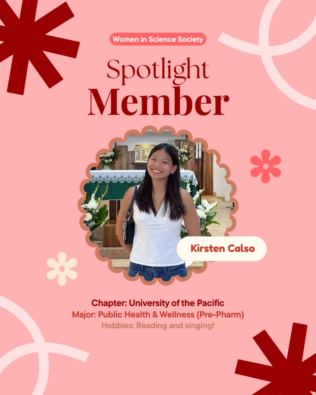 This week, we’re excited to spotlight a standout member from our chapter at University of the Pacific – Kirsten Calso!
Kirsten is a pre-pharmacy student whose dedication to STEM, leadership, and community shines through everything she does. Swipe to get to know Kirsten and visit our website for her full feature and more spotlights coming soon!
Follow @wss.pacific to keep up with Kirsten and our chapter at UOP 🧬💜
