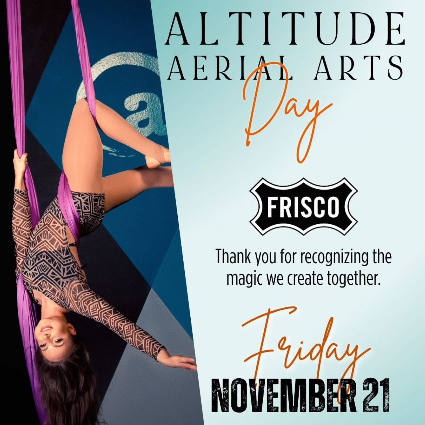 ✨ Frisco officially proclaimed Altitude Aerial Arts Day, and we’re celebrating the community that made it possible. We’re honored, we’re grateful, and we’re ready to fly even higher.
To mark the moment, grab 10 classes for $150 — a little thank-you for being the magic behind everything we create together. 💙🪄
https://app.arketa.co/altitudefrisco/pricing/checkout/Oq6kCJaHYZ2dxTPMBnEK