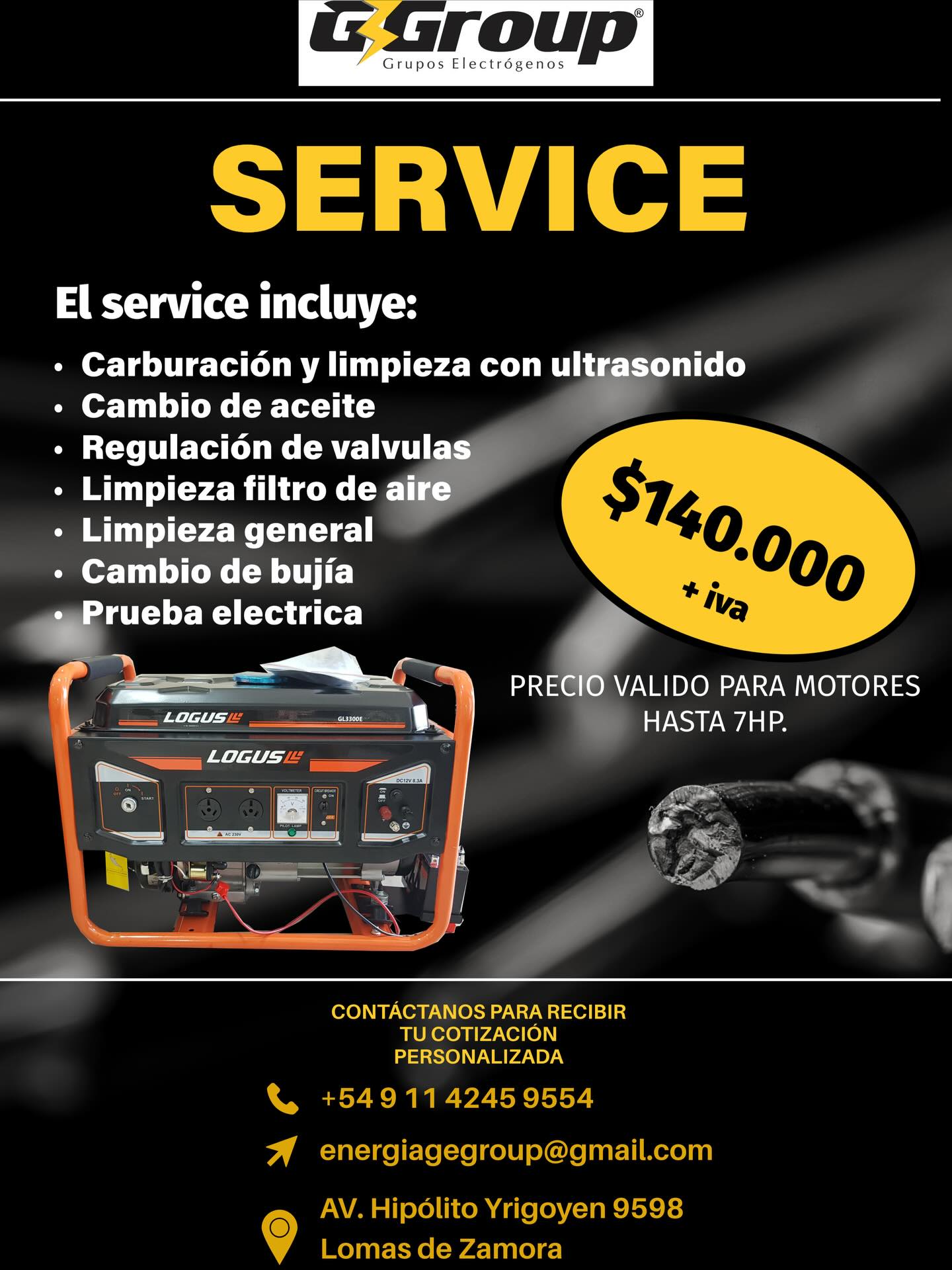 ¡NO ESPERES A ÚLTIMO MOMENTO!
En GGroup realizamos service completo para dejar tu equipo en perfectas condiciones.
Nuestro mantenimiento incluye carburación y limpieza por ultrasonido, regulación de válvulas, cambio de aceite y bujía, limpieza total del equipo y prueba eléctrica final para garantizar que funcione como corresponde.⚡️
Para realizar el servicio, tenés que traer el equipo a nuestro local ubicado en Lomas de Zamora, Av. Hipolito Yrigoyen 9598 y te mantenemos informado del progreso.
COMUNÍCATE PARA MÁS INFORMACIÓN
Whatsapp: +54 9 011 15-4245-9554
Mail: energiagegroup@gmail.com
Página web: https://www.energiagegroup.com
#energia #energy #gruposelectrógenos #generador #generadoresdeenergía #generadorportátil