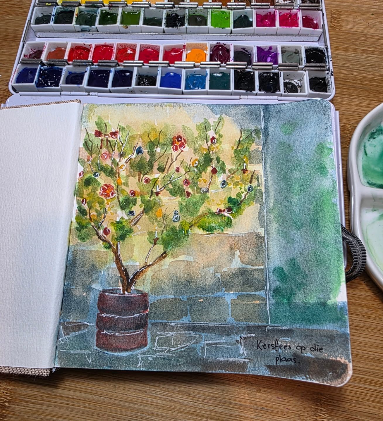 Who else also had a thorn bush branch as a Christmas tree growing up? We would always go with Oupa to go look for the perfect thorn bush branch on the farm, then plant it in a tin container and decorate it with ornaments from a silver tin suitcase. My Ouma had all these strange ornaments - ribbons, velvet balls, little candle holders where you put a real candle in, glass balls, angels... All sorts of weird and wonderful things. And almost each ornament had a story. She would stand by as we carefully hung each ornament and tell the story of each one. Magical. This is just a quick sketchbook entry for today of the beautiful thorn bush branch Christmas tree. #christmastree #watercolour