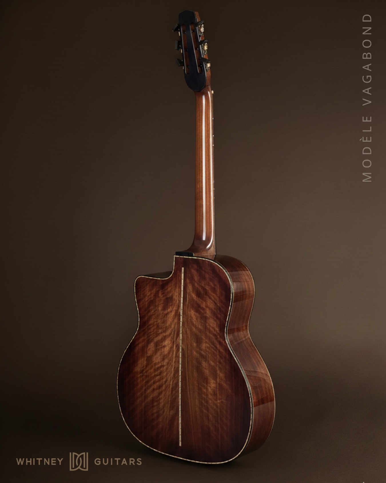 Flamed walnut back and sides paired with a black walnut neck — wrapped in an antique tobacco burst that brings out every ripple of figure. This Vagabond model blends bold tonewoods with clean, refined lines for a guitar that looks as alive as it sounds.
Whitney Guitars — Modèle Vagabond
