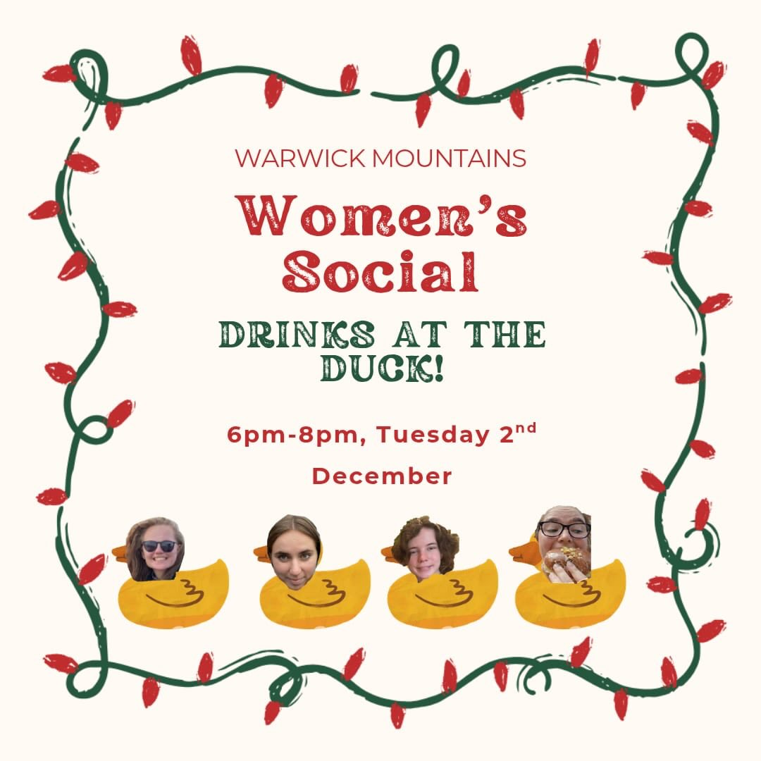 Week 9 Women’s Social! 🎄
Join us for drinks at the Dirty Duck at 6pm next Tuesday 2nd December!
Please react on the WhatsApp if you’re coming. 🎄🎄