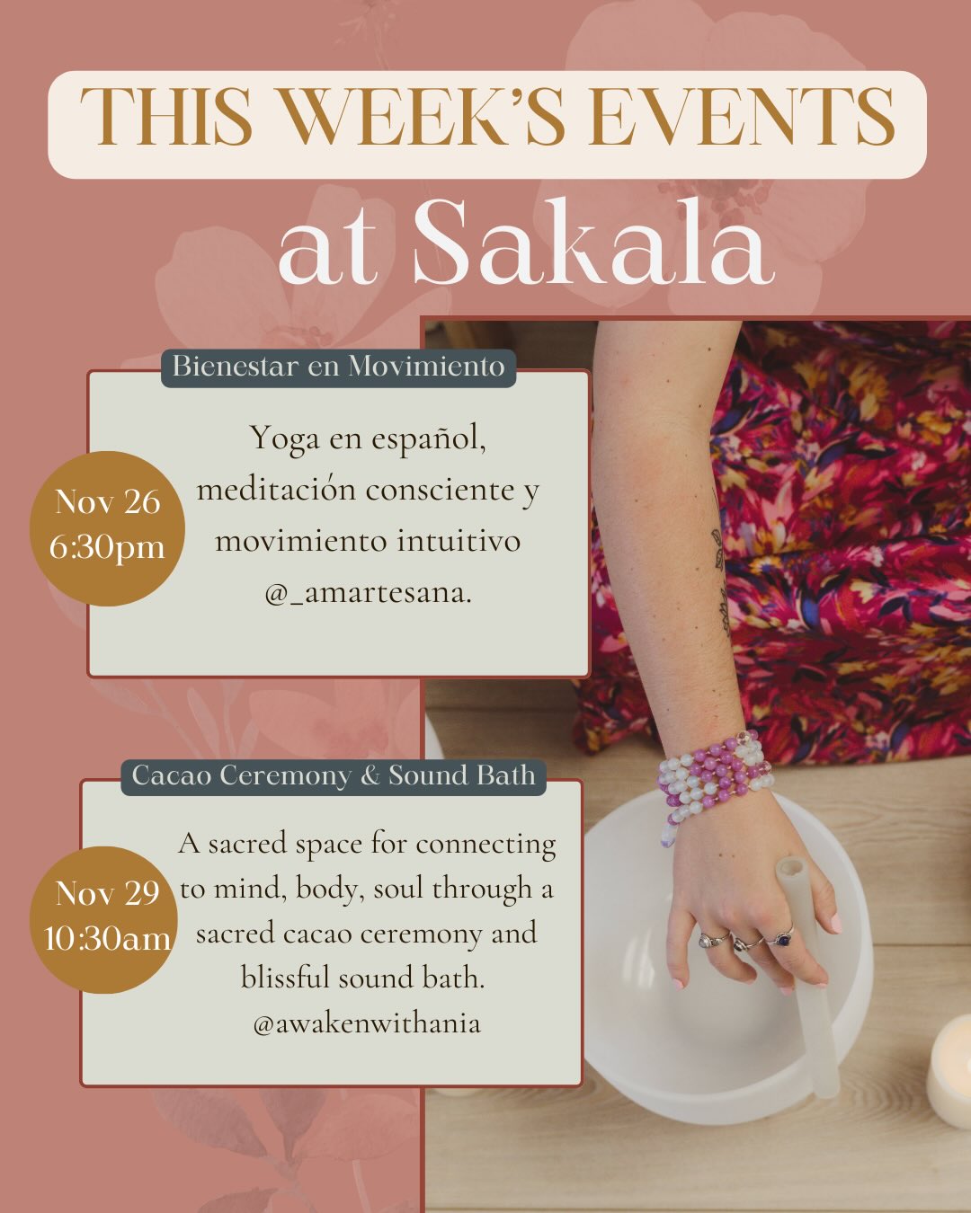 There are still beautiful ways to breathe, drop in, and connect in community this holiday week at Sakala 🤎
Even with a lighter schedule, our space is open for grounding, nourishment, and meaningful moments of presence - gentle offerings to help you return to yourself.
🌙 Yoga en español, meditación consciente y movimiento intuitivo with @_amartesana
A heartfelt, embodied practice guided entirely en español.
🍫✨ Cacao & Sound Bath with @awakewithania
A deeply restorative evening combining ceremonial cacao with immersive sound healing to soften the heart, open the senses, and invite deep inner stillness.
🧘♀️ Week day Yoga at Sakala
Move, breathe, and anchor into your body with supportive flows that invite ease, spaciousness, and a gentle reset during this full holiday season.
And as always, there are deeper ways to tend to your well-being:
Swipe to the last slide to meet our part-time practitioners
@handsofoshunlmt & @quantumwavetherapeutics
and explore the ways to work with them one-on-one for personalized healing support.
We can’t wait to share space with you this week-
Join us in community by clicking the link in our bio 🤎
#sakalacommunity #soundhealing #cacaoceremony #yogaenespanol #denverevents