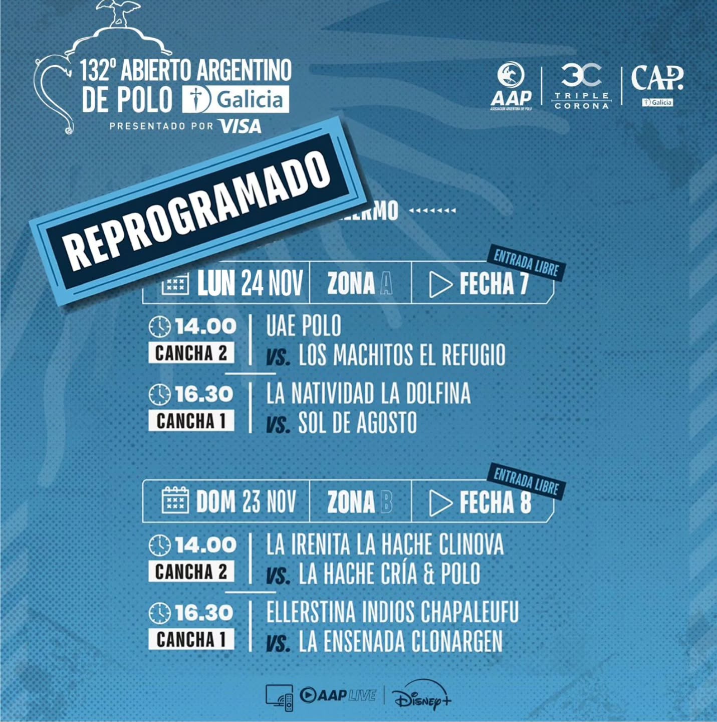 ¡Por las lluvias, se reprogramó la fecha 7 del Abierto de Palermo!!!
La Zona A jugará el lunes 24, mientras que la B (Fecha 8) se disputará el domingo 23, como estaba estipulado.
#siemprepolo
#somospolo
#veniaverpolo
#vivielpolo
#sentielpolo
#revistapololive
#triplecorona2025