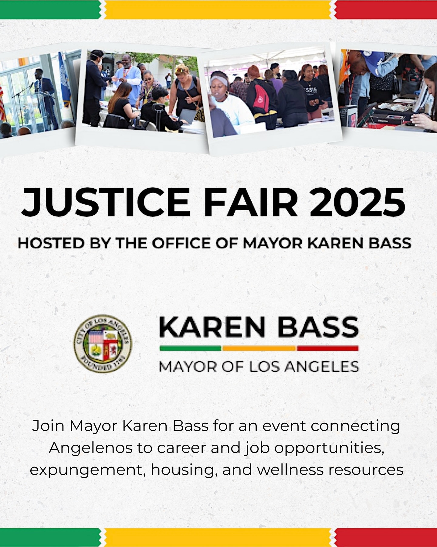 Weâre proud to participate in this yearâs Justice Fair 2025, hosted by @mayorofla @karenbassla
This citywide event connects Angelenos impacted by the justice system to employment, housing, education, and wellness opportunities that open doors to lasting stability. It brings together local businesses, nonprofits, and government agencies working collectively to create pathways to opportunity and build safer, stronger communities.
Key Event Highlights:âš
â«ïžFair Chance Employment: On-site job interviews, rĂ©sumĂ© help, and direct hiringâš
â«ïžHousing & Legal Aid: Housing enrollment, ID support, and expungement servicesâš
â«ïžEducation & Training: Apprenticeships, trade programs, and business developmentâš
â«ïžWellness & Healing: Health screenings, mindfulness sessions, and family activitiesâš
â«ïžCommunity Connection: Food, music, and local resource partners
Link in bio to RSVP.
.
.
#justicesystem #justicesystemreform #rehabilitation #losangelesevents #karenbass #lamayor