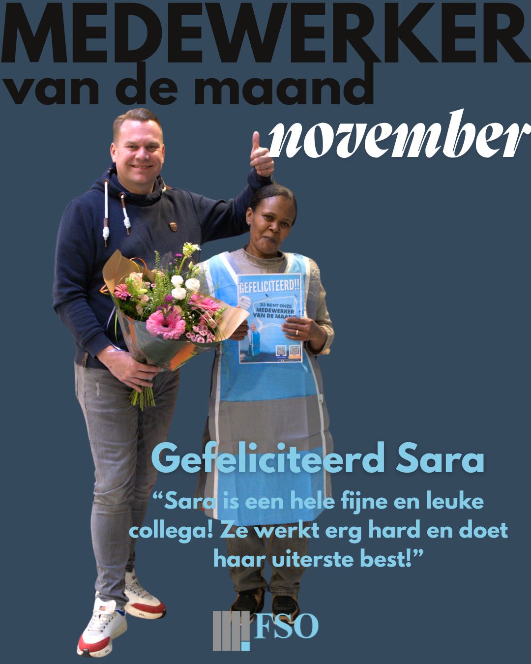 Medewerker van de maand 🎉
Sara zorgt ervoor dat de school er elke dag netjes en verzorgd uitziet. We ontvangen nooit klachten over de schoonmaak, een mooi bewijs van haar constante kwaliteit. Gefeliciteerd Sara!