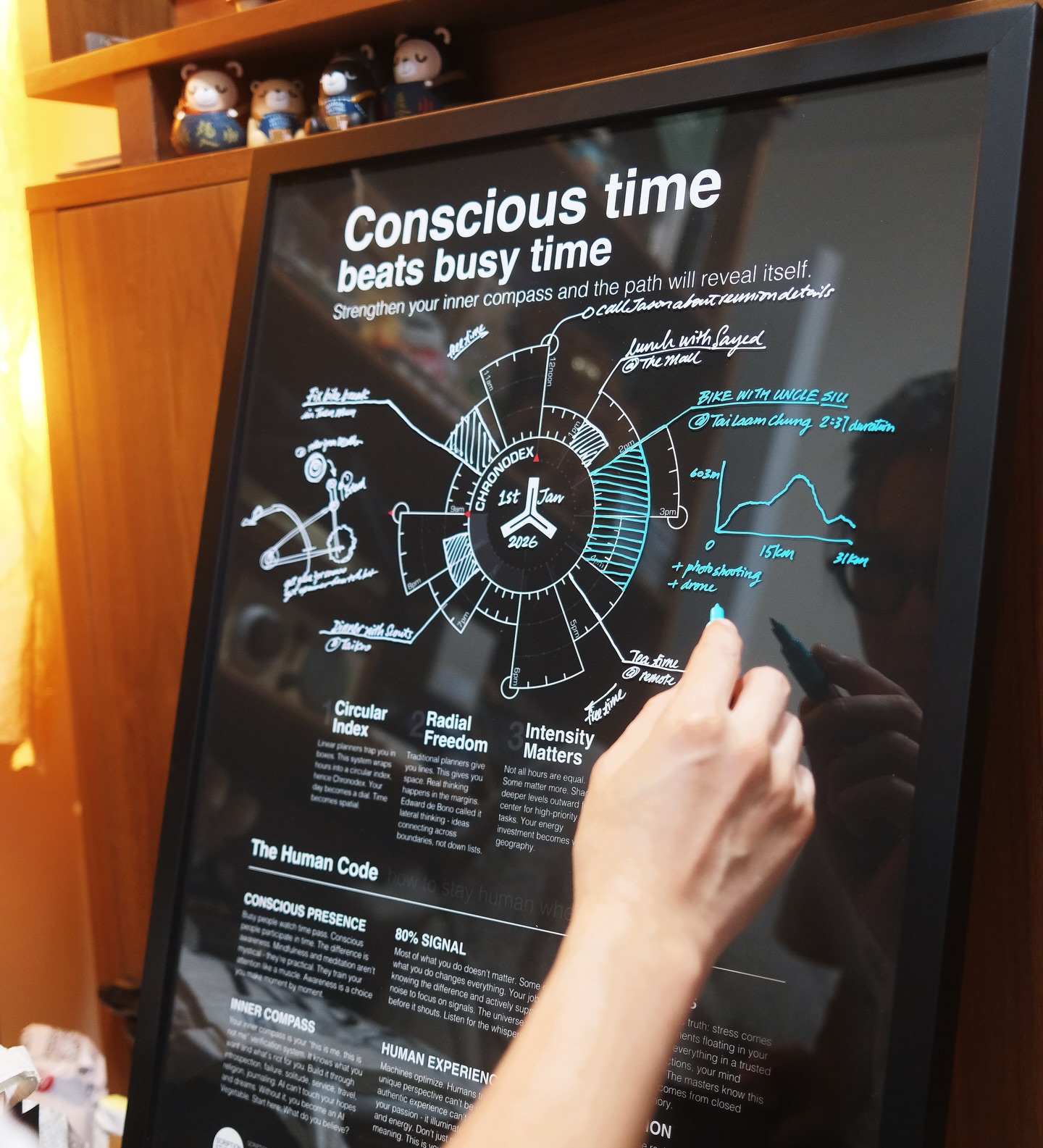 Welcome to 2026! One way to use the Chronodex poster, instead of just as home decor, is to turn it into a daily schedule whiteboard. It is super fun to map out your day and use the empty space to just draw for fun.
I found this application interesting, so I may have to change the poster design to give it more empty space, as well as replace the text at the bottom half with a blank to-do list, a “today’s focus,” and a gratitude note. What do you think?
#chronodex #dailyscheduler #poster #whiteboard
