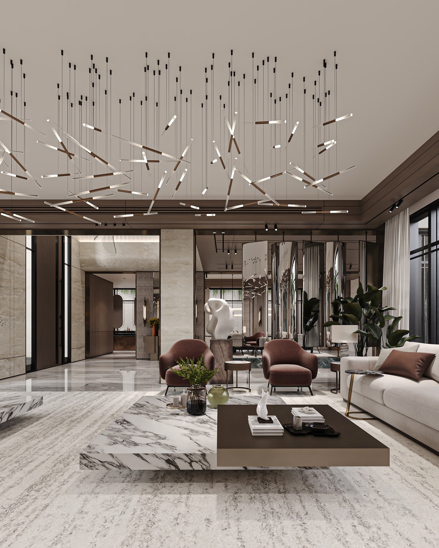 In the heart of Riyadh, the Main Majlis is conceived as a poetic dialogue between scale, light, and refined materiality.
Suspended above, a sculptural constellation of lighting elements floats like a contemporary choreography, illuminating the space with effortless rhythm and weightless geometry.
Soft neutral textiles balance the bold presence of deep green marble, while low sculpted tables in Calacatta marble anchor the composition with quiet strength and timeless elegance.
The palette is warm, tactile, and serene, celebrating purity, proportion, and the art of sophisticated restraint.
A sanctuary crafted for gathering, hospitality, and the pleasure of modern Saudi luxury, where every detail speaks softly, yet with absolute confidence.
✨ Maroon Architects
Riyadh, Saudi Arabia
#MainMajlis #LuxuryInteriors #MaroonArchitects #RiyadhDesign #SaudiLuxuryHomes #MajlisDesign #CalacattaMarble #ArchitecturalLighting #InteriorArchitecture #ModernMajlis #BespokeInteriors