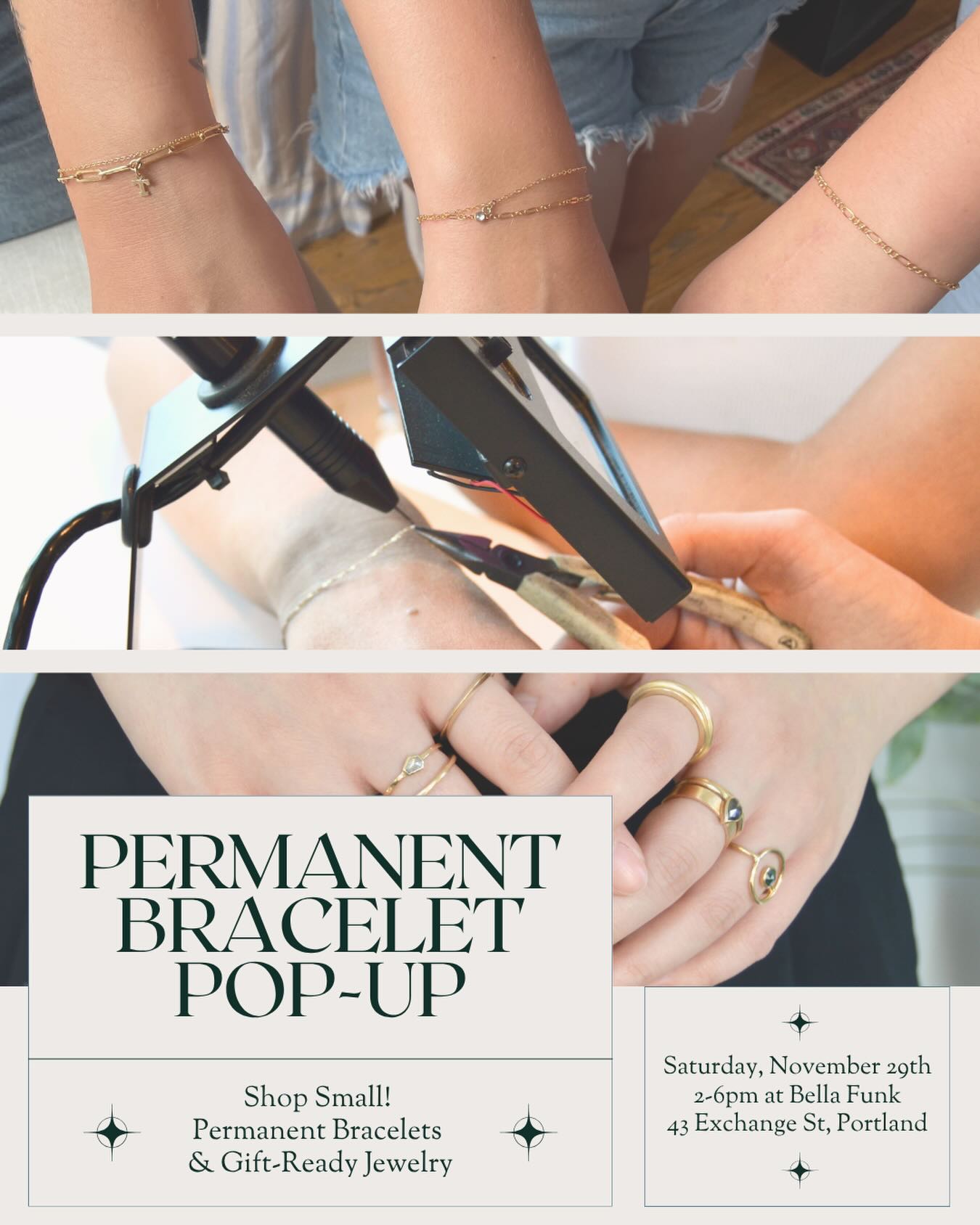 Join me at Bella Funk for another pop-up permanent jewelry event! Bring your family and friends and shop small on Saturday, November 29 from 2-6 PM. I’ll be doing permanent bracelets and have a small selection of charms and jewelry.