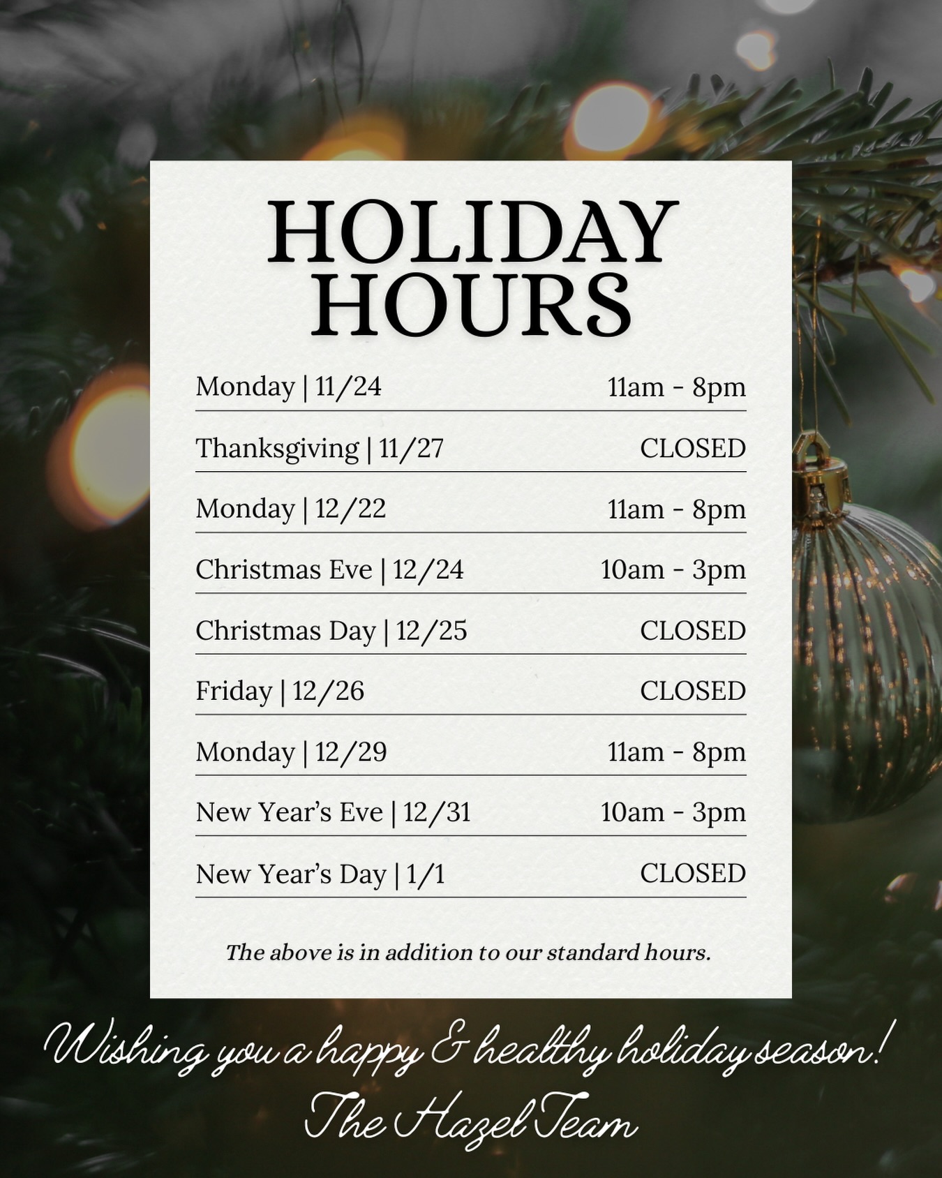 In preparation for the holidays, we want to ensure all our incredible guests can be accommodated and plan ahead! 🤍
We have limited availability for Monday appointments; please book online or call us directly to reserve yours.
We'll see you soon!
The Hazel Team