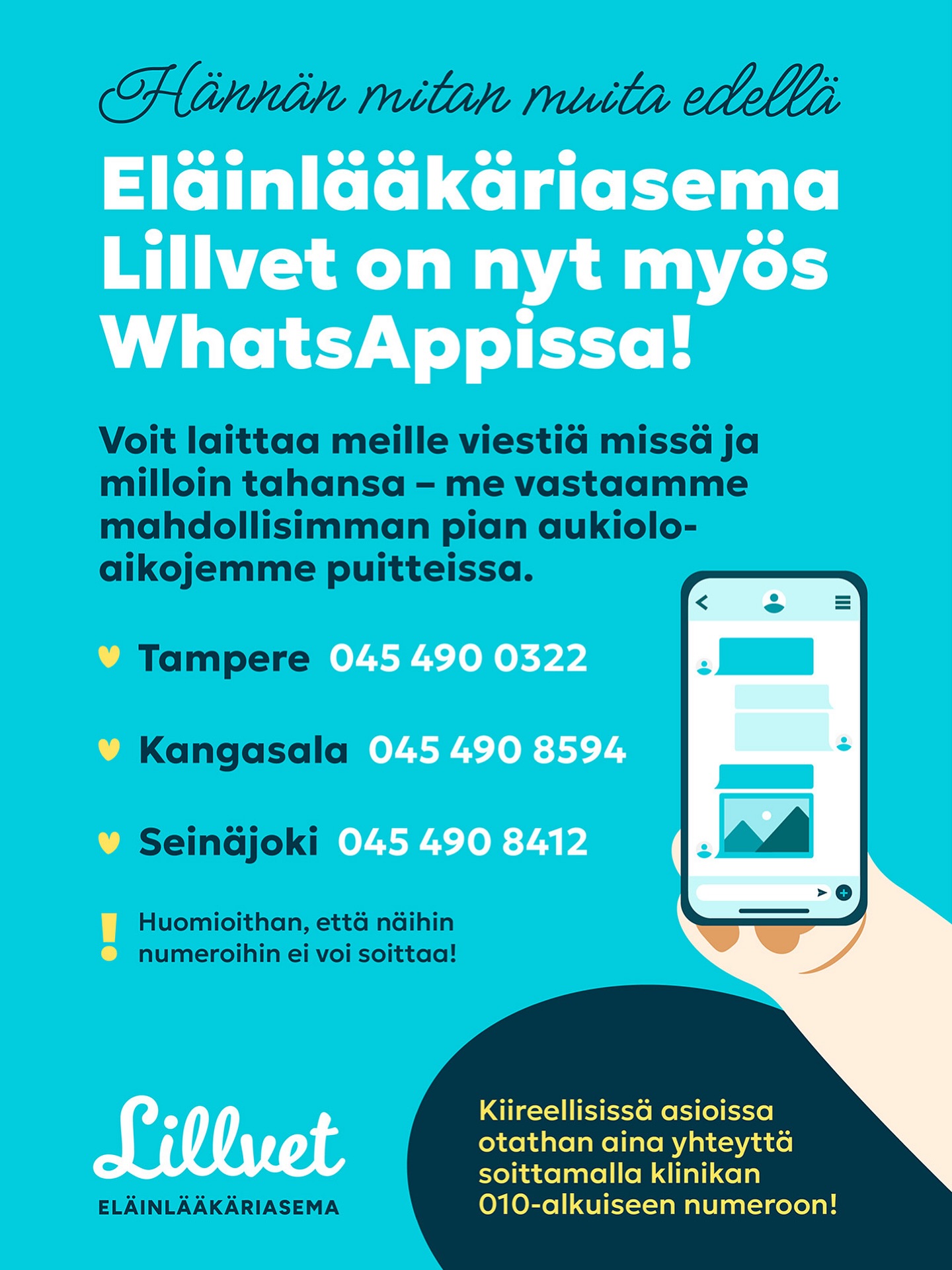 Kun kyse on rakkaasta lemmikistä, pitäisi yhteydenpidon omalle klinikalle aina olla mutkatonta ja helppoa.
Tiedämme hyvin että monella ihmisellä ei ole aikaa puhua puhelimessa tai odottaa soittoa takaisin kiireisen arjen keskellä.
Siksi halusimme pyrkiä palvelemaan Teitä tässäkin asiassa niin hyvin kuin mahdollista ja avasimme kaikille Lillvet klinikoille omat WhatsApp numerot! 💚
Jos siis kesken lounaan tulee mieleen että pitikin se resepti uusia tai lasten harrastuksien aikaan yhtäkkiä muistaa että piti tehdä uusi ruokatilaus klinikalle - pistä meille WhatsAppia!
Vastaamme aina viesteihin niin pian kuin mahdollista, toki kiireelliset sairastapaukset hoidetaan edelleen puhelimitse meidän klinikan normaaliin numeroon. WhatsApp numeroon ei voi soittaa.
Whatsappissa voit myös kysyä hoito-ohjeita, tiedustella ajanavarauksista, lähettää meille kuvia ja videoita tai hoitohistoriaa etukäteen!
Kuulemme myös aina enemmän kuin mielellämme potilaiden kuulumisia. 🩵
Tallenna oman klinikkasi numero puhelimeen ja ollaan yhteydessä. 🫂
Tampere p. 010 5011 871 / wa. 045 490 0322
Kangasala p. 010 5011 873 / wa. 045 490 8594
Seinäjoki p. 010 5011 872 / wa. 045 490 8412