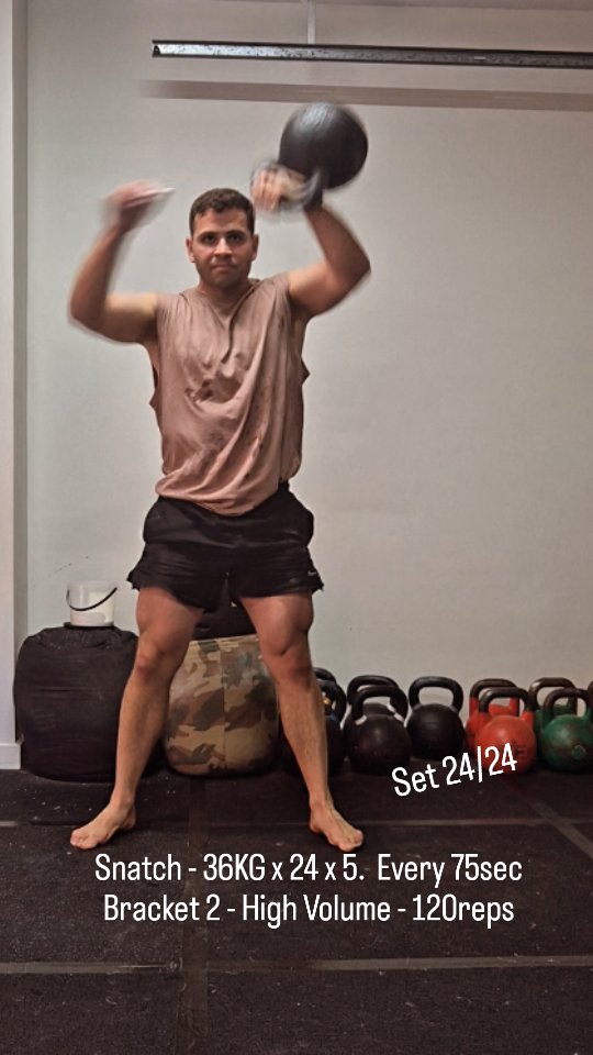 Todays session - 25th Nov 2025
A. Snatch - 36kg x 24 x 5. Every75sec
Volume Bracket 2 - High Volume - 120 reps
B. Heavy rope - 2.1kg for 10min
C. SOS Get Ups - 40kg x 3 x 1/1
Normal snatch volume for today. Moving through this bracket ok. Will repeat the high volume another 5 or so times before I consider going up to Volume Bracket 3.
Heavier rope is moving better for 10min. Goal is not to put it down and keep smooth and fluid the entire time. Trying to stay connected from my feet to my hands.
#hardstylemethod #kettlebelltraining #strongfirst #functionalstrength #ropeflow #flowathlete #strongandmobile #adelaidefitness #adelaidecoach #adelaidemovement #sfg #strongfirstaustralia