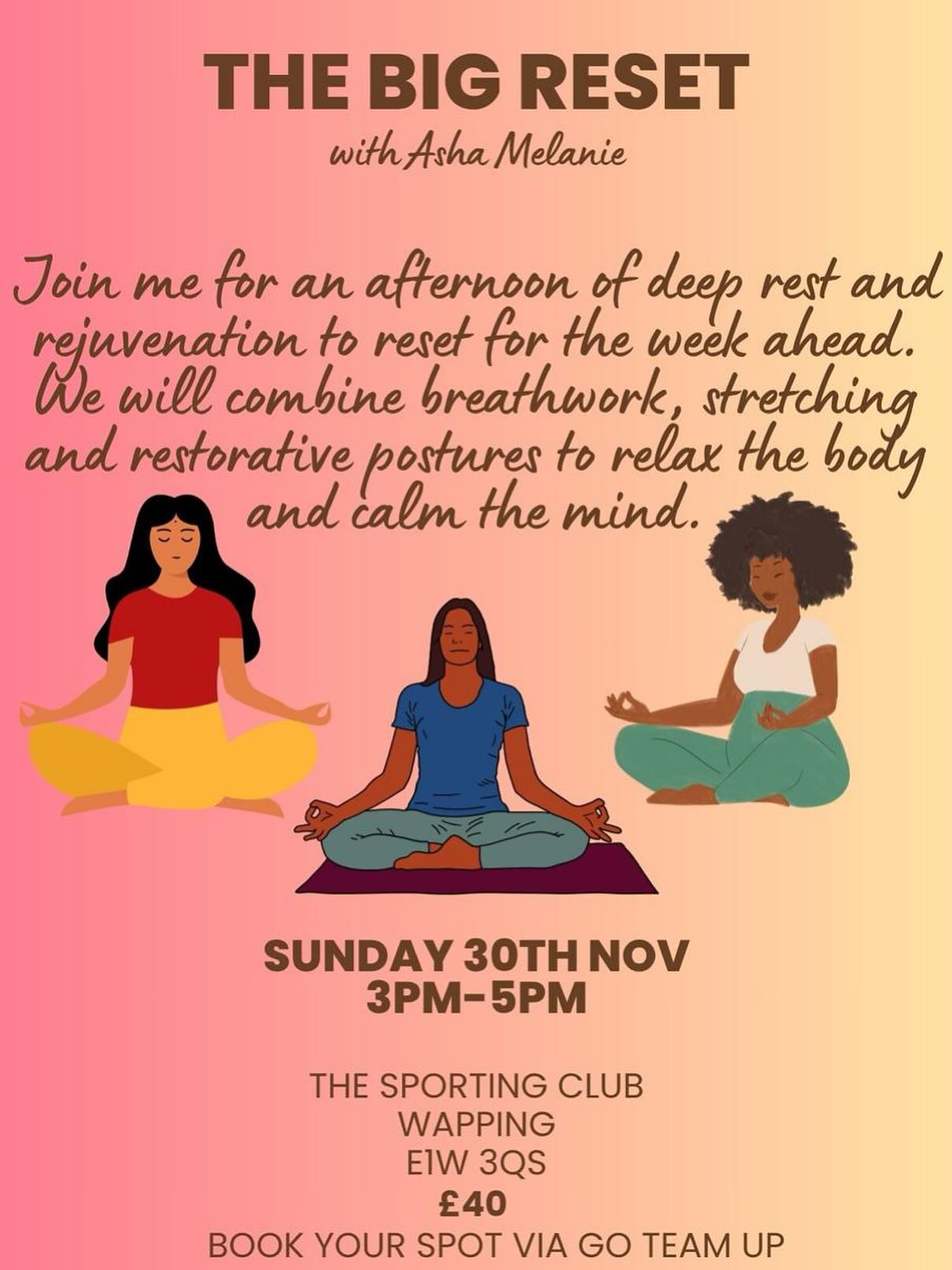 ✨LAST BIG RESET✨
I’m finally bringing my favourite workshop back for one more time in 2025!
No experience necessary. Come as you are. Lot’s of people think it’s a yoga workshop but it’s more of a focused nervous system rest. Gentle stretches, mobility work and breath control techniques combine to help you get out of your head and in to your body shifting you back towards your parasympathetic nervous system (think the opposite of fight or flight). If this sounds like something you need, come and join us🙏🏾
@thesportingclubwapping
Click on my linktree in my bio to book🤗