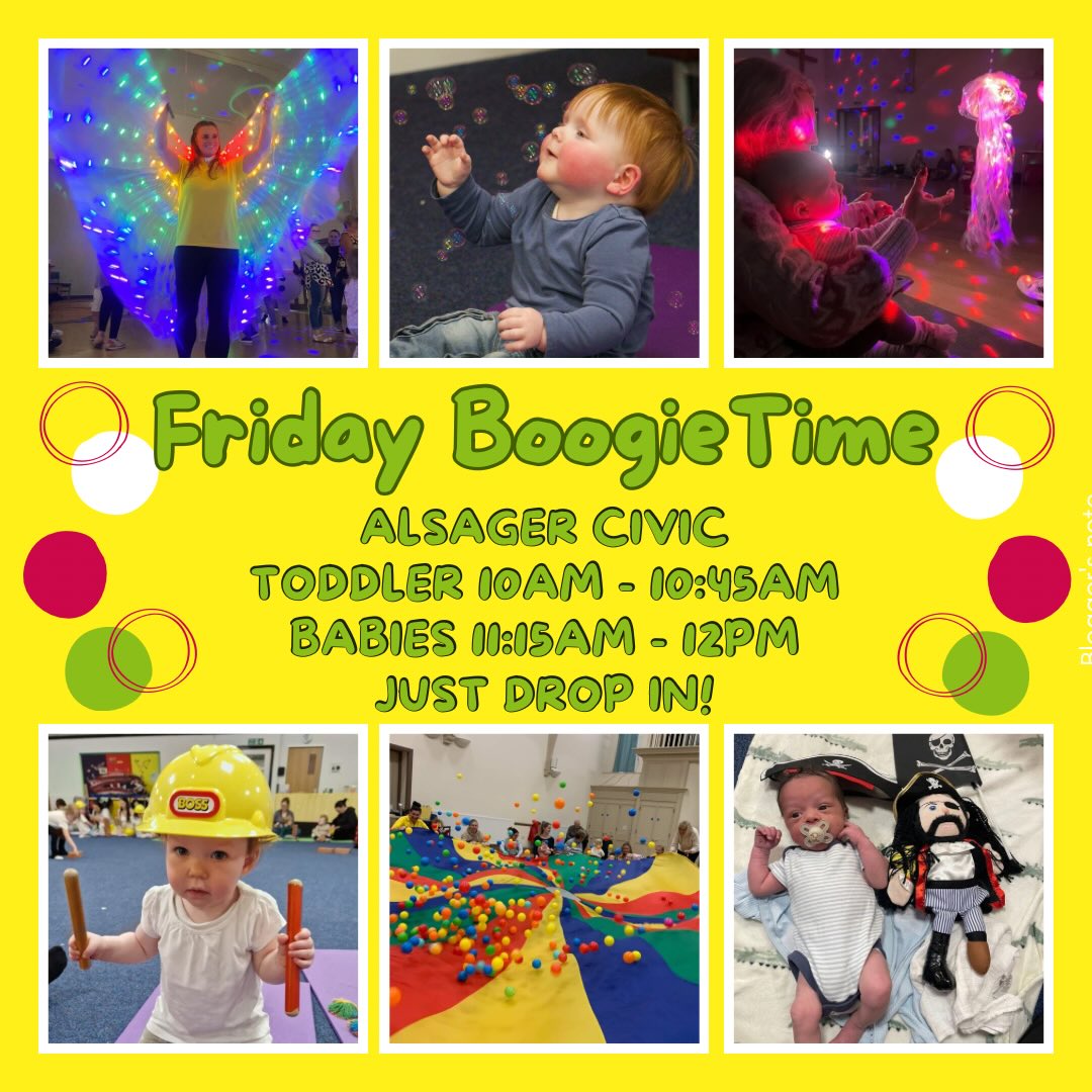 Friday 21st November Boogietime running at Alsager Civic Hall. Just drop in and pay on the door. £7.50 for 1 adult and child and siblings charged at just £1 extra.
#Alsager #alsagerbusiness #alsagercivic