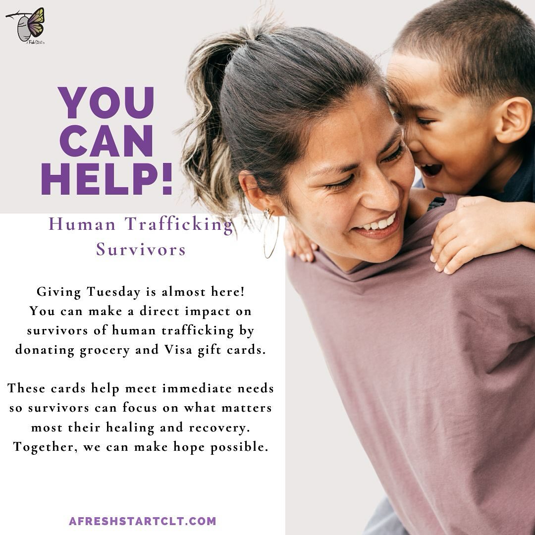 We are just a few weeks away from Giving Tuesday; think about how you can partner with us to support the survivors, we serve. To stay informed about the issue of Human Trafficking make sure to follow us on Instagram and Facebook.
Faltan pocas semanas para el Giving Tuesday; piensa en cómo puedes colaborar con nosotros para apoyar a los supervivientes a quienes servimos. Para mantenerse informado sobre el tema de la Trata de Personas asegúrese de seguirnos en Instagram y Facebook. @afreshstartclt #trafficking #sextrafficking #knowthesigns #knowthefacts #sextraffickingawareness #afreshstartclt #endhumantrafficking #endhumanslavery #tip #helpchangetheworld #endtrafficking #freedomfirst #enditmovement #humantraffickingvictims #savealife #endhumantrafficking #didyouknow #betheirvoice #fightforthem #stayinformed #helpingfamilies #helpingfamiliesheal #makeamarkclt #sharecharlotte