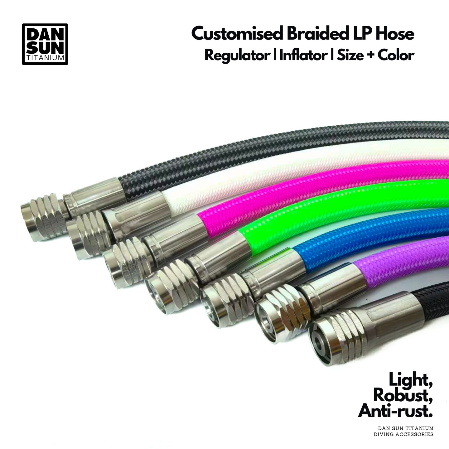We are now officially accepting orders for the Braided LP Inflator / Regulator Hoses in various sizes and colors, measured in centimeters.
This is intended for CCR divers who need specific hose lengths for their configuration.
Check it out at dansuntitanium.com!