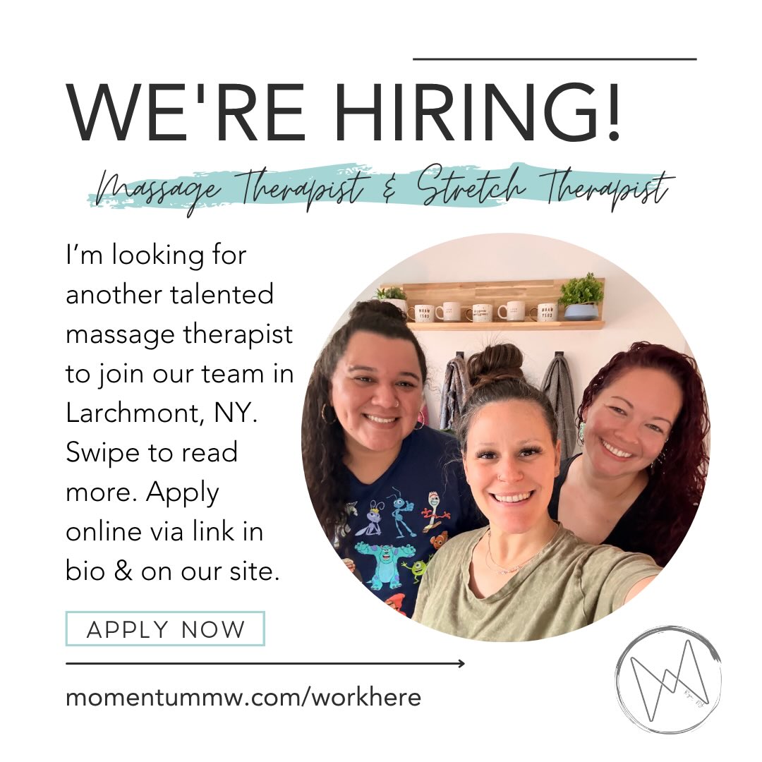 Looking for another massage therapist to join our team in Larchmont, NY! You’ll thrive here if you’re willing to learn, motivated, excited at the prospect of building long-term client relationships, looking for flexibility or part time work, hardworking, warm & kind.
I’d love to hear from you and find out more about what inspires and keeps you motivated in this field. Comment WORK HERE and I’ll send you more information!
#massagetherapyjobs #werehiring #westchesterny