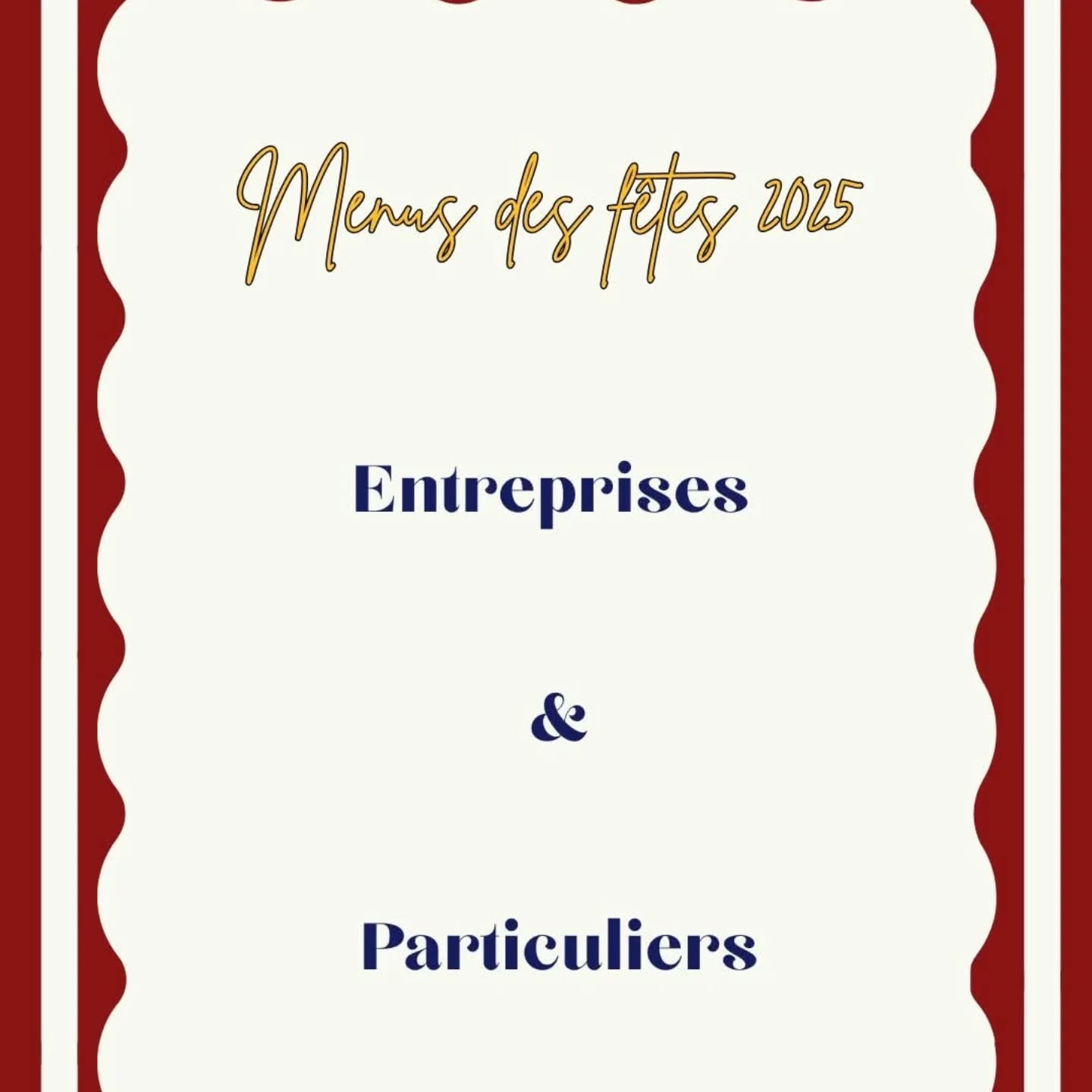 Menu de Noël – Réservations ouvertes
Apéritif (6 mignardises par personne)
→ 10,30 € / personne
Entrées au choix
Gravelax de saumon
Pressée de canard et foie gras
Plats au choix
Filet de limande, Saint-Jacques et amandes, sauce champignon, risotto au cheddar à la truffe noire, asperges vertes
Caille semi-désossée farcie au foie gras, sauce cognac, risotto aux chanterelles et asperges vertes
Desserts au choix
Pavlova aux fruits exotiques
Choux craquelin au yuzu et praliné
Fromages
Soumaintrain et fleurs de Tête de Moine, confit framboise–piment de Cayenne, mesclun
Réservations
Téléphone : 06 59 71 16 97
Mail : maisonrousseautraiteur@outlook.fr
→ Jusqu’au 18 décembre maximum