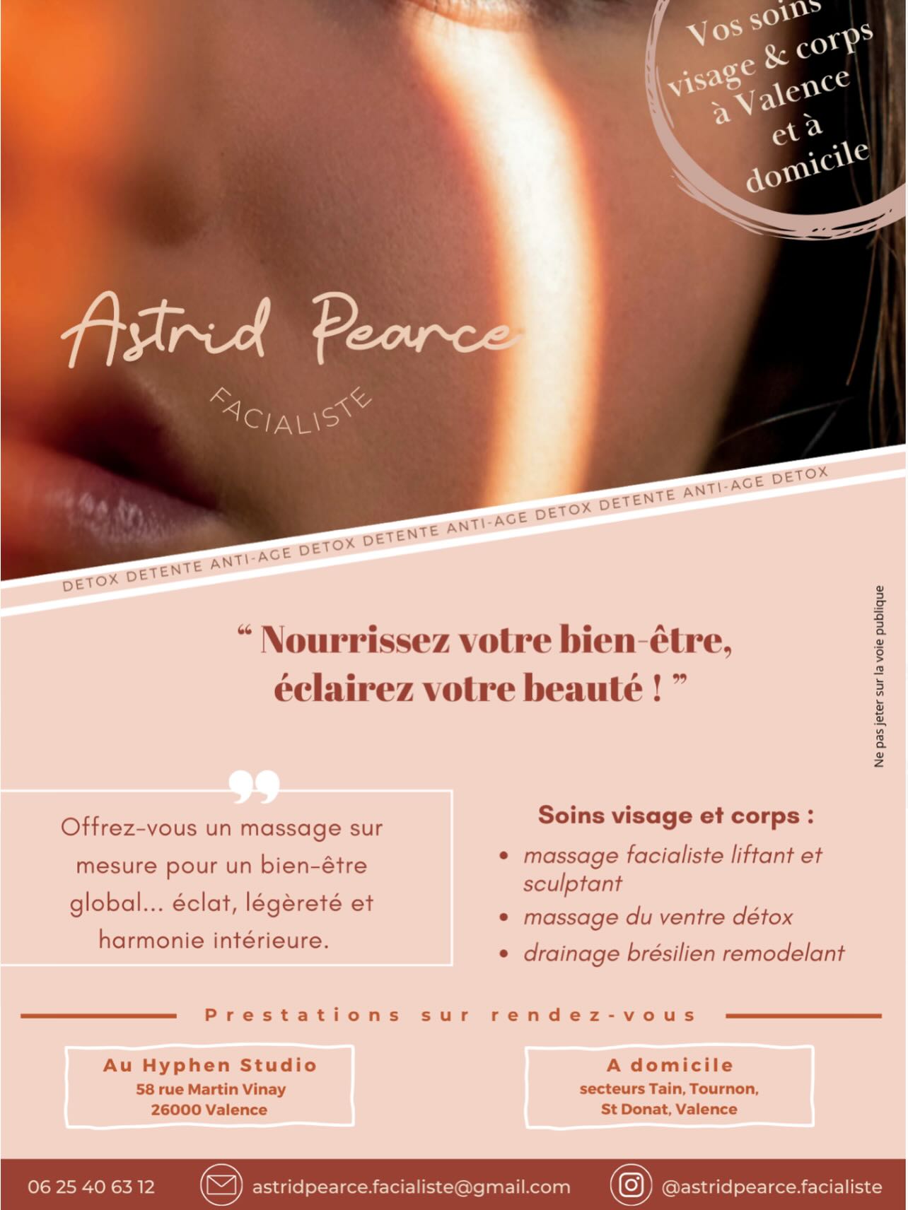 Nouveau flyer, nouvelles vibrations ✨
Au programme : massage facialiste, drainage brésilien, belly detox.
Des soins qui sculptent, détoxifient et illuminent.
Réserve ton moment douceur 🌿
#massagevalence #kobido #massagefacialiste #facialistevalence #drainagebresilienvalence