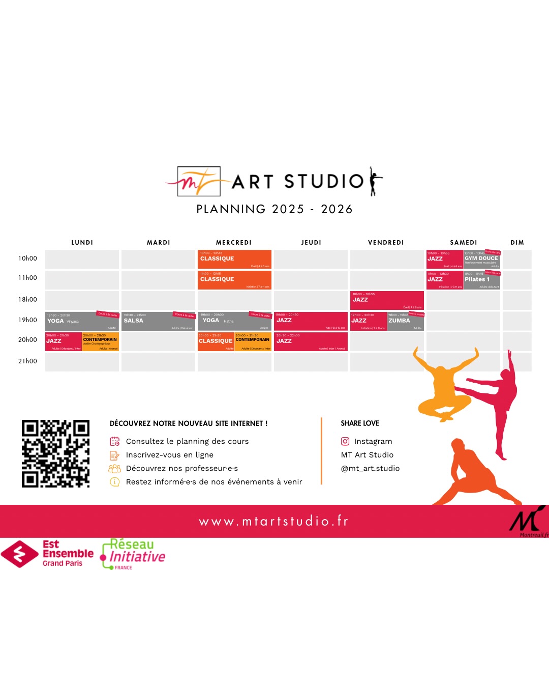 ✨Hello la MT Family !
MT Art Studio évolue et s’enrichit !
🩰En plus de nos cours de Classique, Jazz et Contemporain, découvrez dès novembre nos nouveaux cours pour danser, respirer et prendre soin de vous dans la bonne humeur 😊
⭐️ Chaque lundi
→ Yoga Vinyasa : 19h30 - 20h30
@tomasana_
⭐️ Chaque mardi
→ Salsa Caleña : Débutant 19h30 - 21h
💃🕺 @lesenfants.sauvages_
⭐️ Chaque mercredi
→ Yoga Hatha : 19h - 20h
🧘 @tomasana_
⭐️ Chaque vendredi
→ Zumba: 19h - 19h45
💃🔥@la_eude
⭐️ Chaque samedi
→ Gym douce : 10h - 10h45
→ Pilates 1: 11h - 11h45
💪 @la_eude
💫 Venez bouger, respirer, danser et partager des
moments de bien-être et de joie dans une ambiance bienveillante et chaleureuse !
Réservez dès maintenant vos cours annuels ou à la carte directement sur notre site internet
🛜 https://www.mtartstudio.fr(🔗en bio)
À très vite dans le studio ! 💃 🧘♂️
#mtartstudio #dansemontreuil #nouveauxcours
#salsacaleñastyle #yoga #zumba #pilates #gymdouce #montreuil #danse #bienetre #coursdedanse #studiodedanse #ambiancepositive