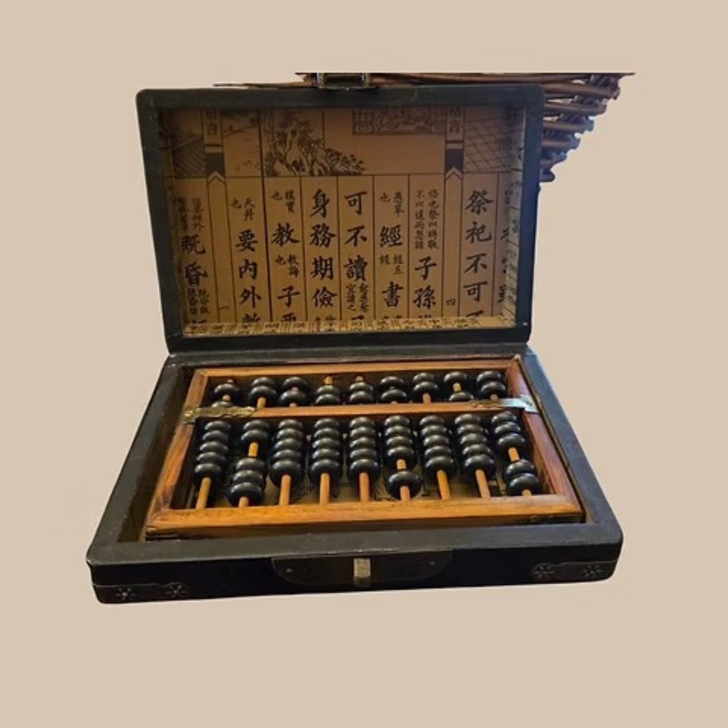 Vintage Chinese Lacquer Abacus Set with Dragon & Phoenix & Original Hong Kong